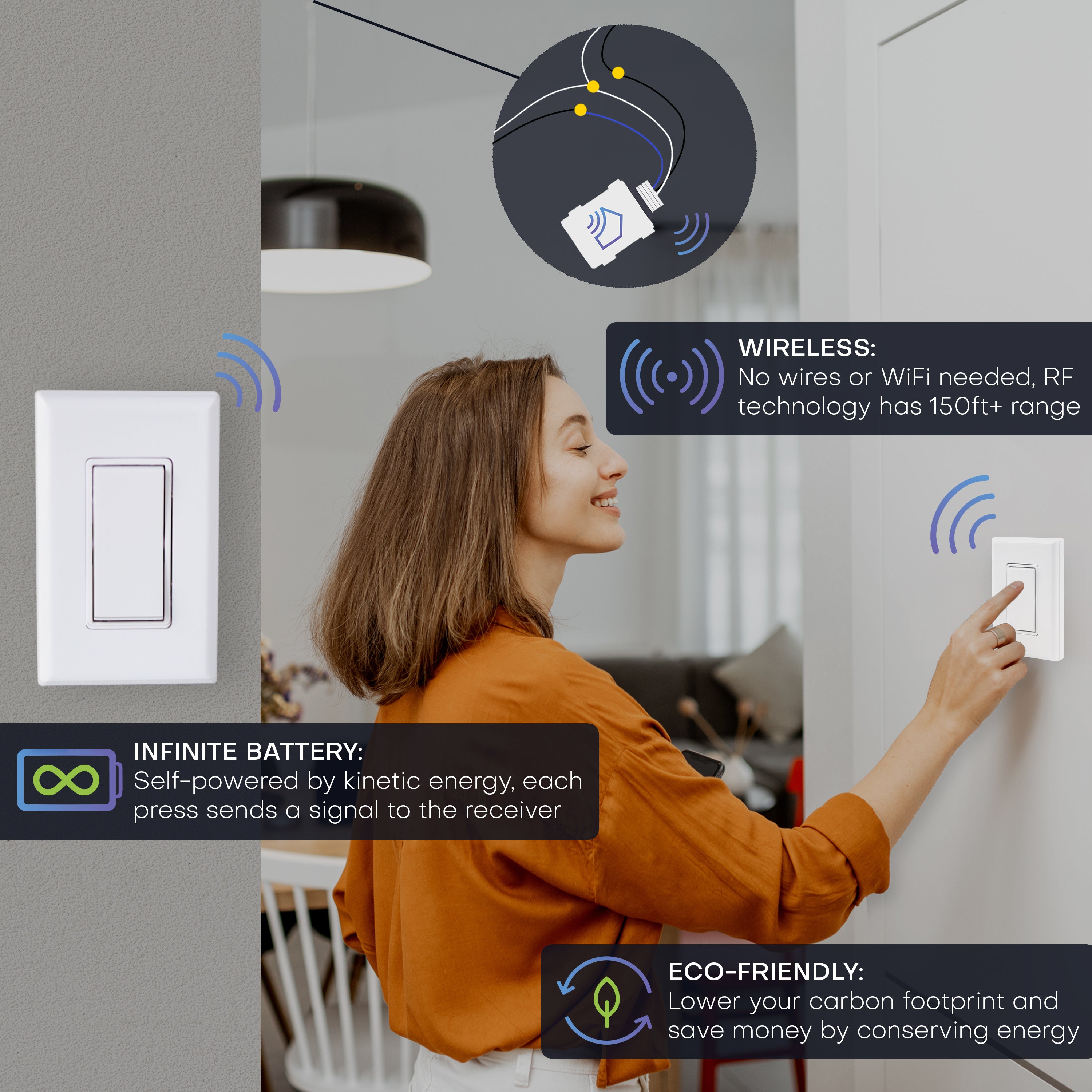 3-WAY WIRELESS LIGHT SWITCH KIT – Battery‑Free, Wireless Self‑Powered Remote Switch (1 Receiver + 2 Switches)