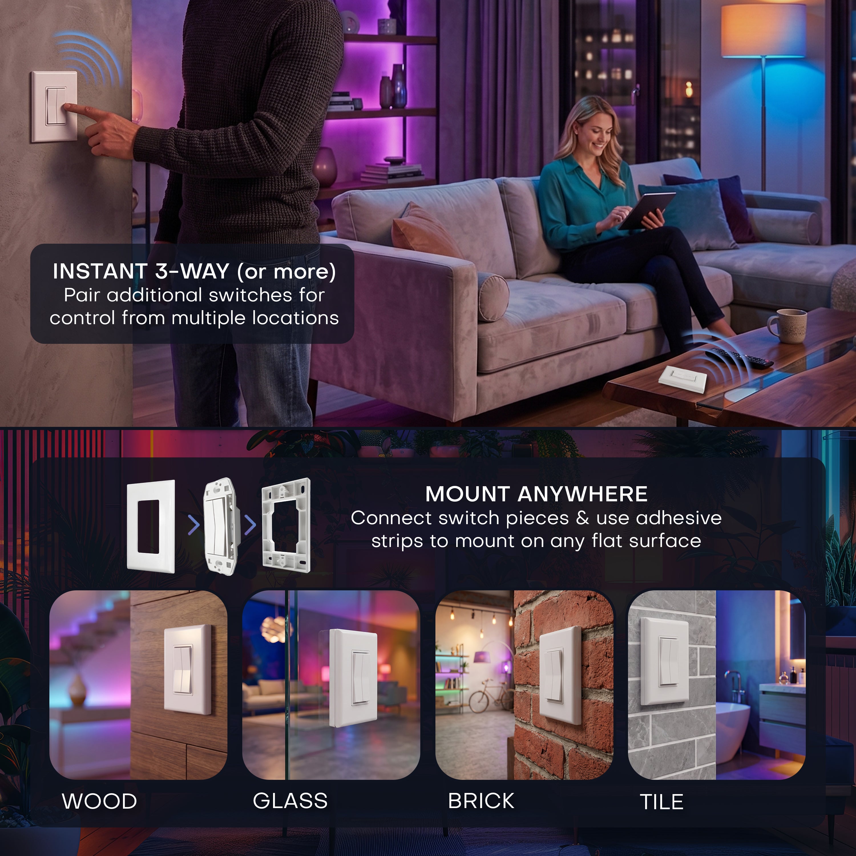 A promotional composite for a smart wall switch. The top half shows a man flipping a switch in a dimly lit living room while a woman sits on a sofa in the background, with text reading 'INSTANT 3-WAY (or more)' and 'Pair additional switches for control from multiple locations.