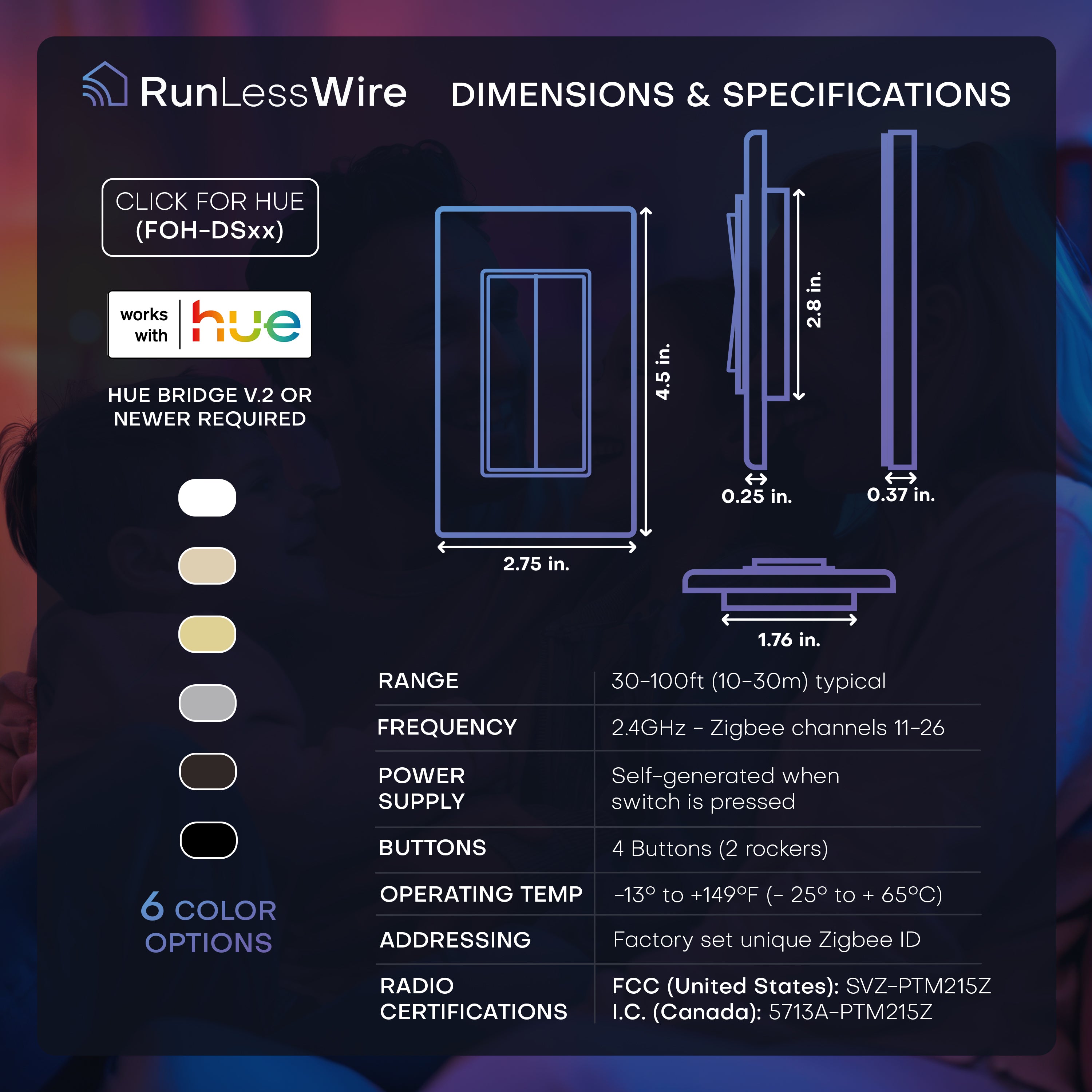 A product specification and dimensions chart for a RunLessWire Click for Hue Wireless smart switch. The graphic shows a front and side profile diagram of the switch with measurements, a list of specifications, and six color options on the left.