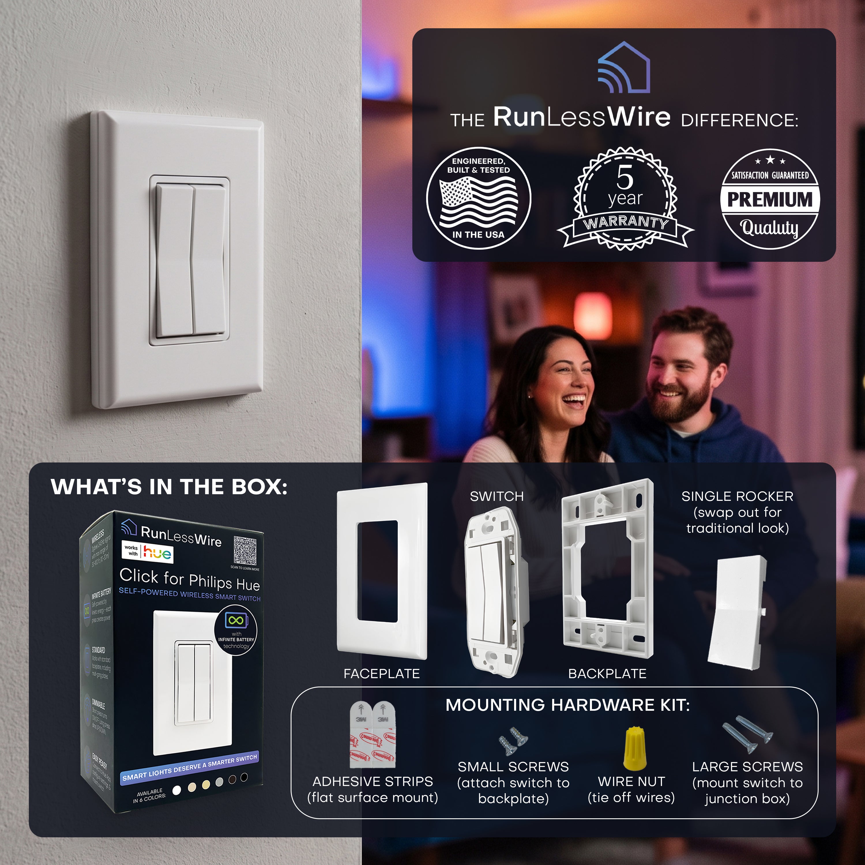A promotional collage for the Click for Hue Switch, showing the installed dual rocker switch on a wall, a couple smiling in a dimly lit room, product packaging, and mounting hardware details on a dark background.