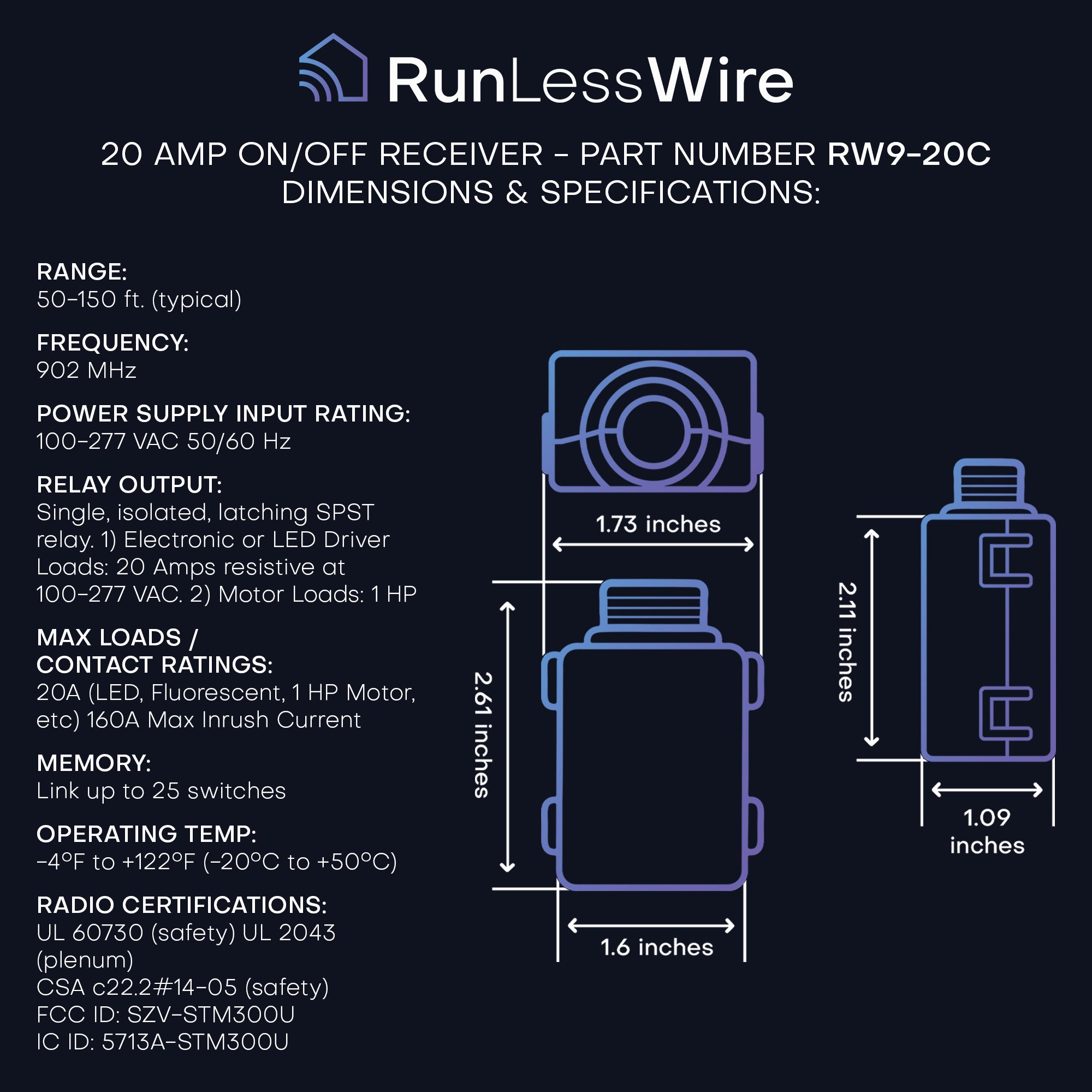 20 AMP ON/OFF RECEIVER FOR WIRELESS SWITCHES - add on only, requires switch to function