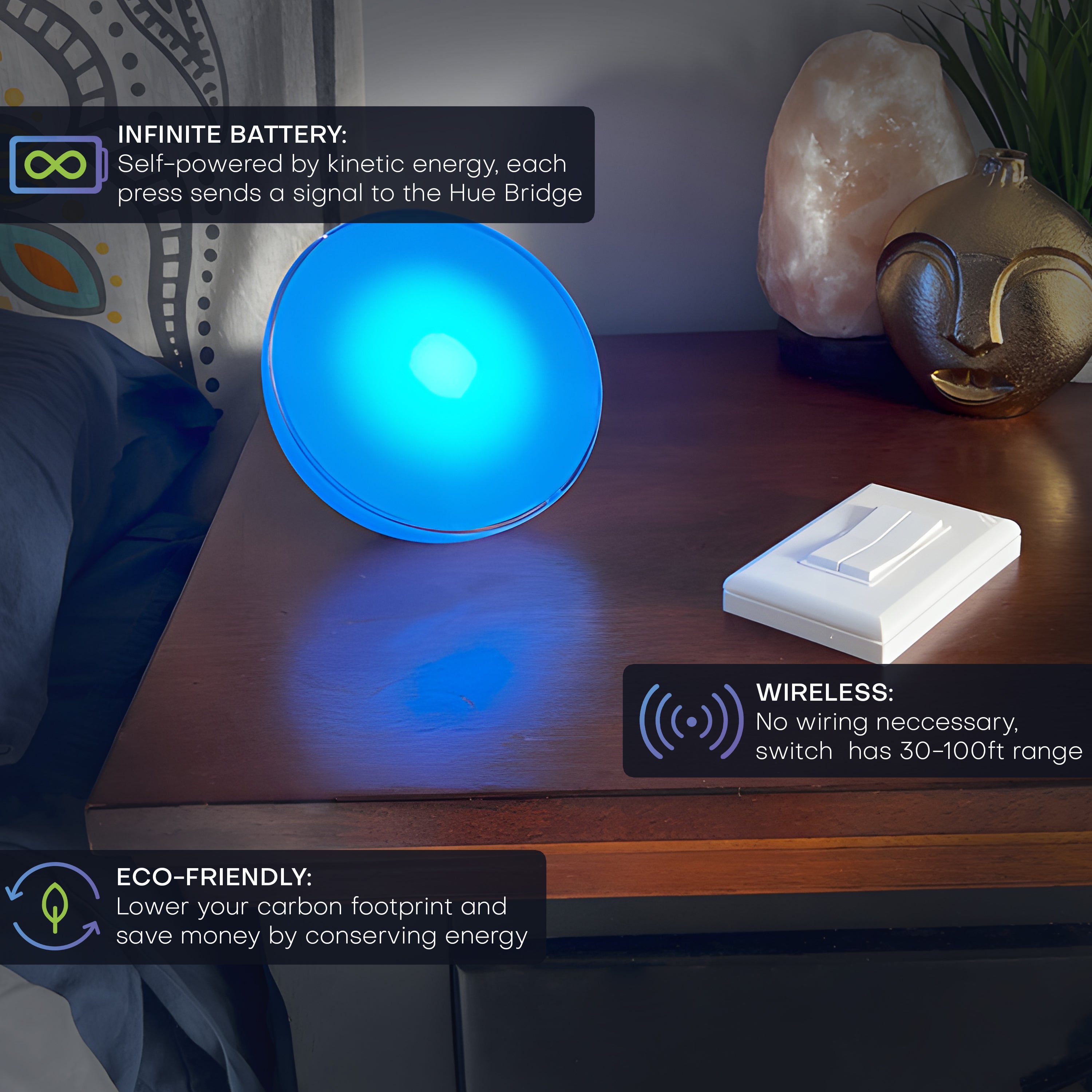 CLICK FOR PHILIPS HUE WIRELESS SMART SWITCH – Battery‑Free, Wire-Free, Self-Powered by Kinetic Energy (Single or Double Rocker)