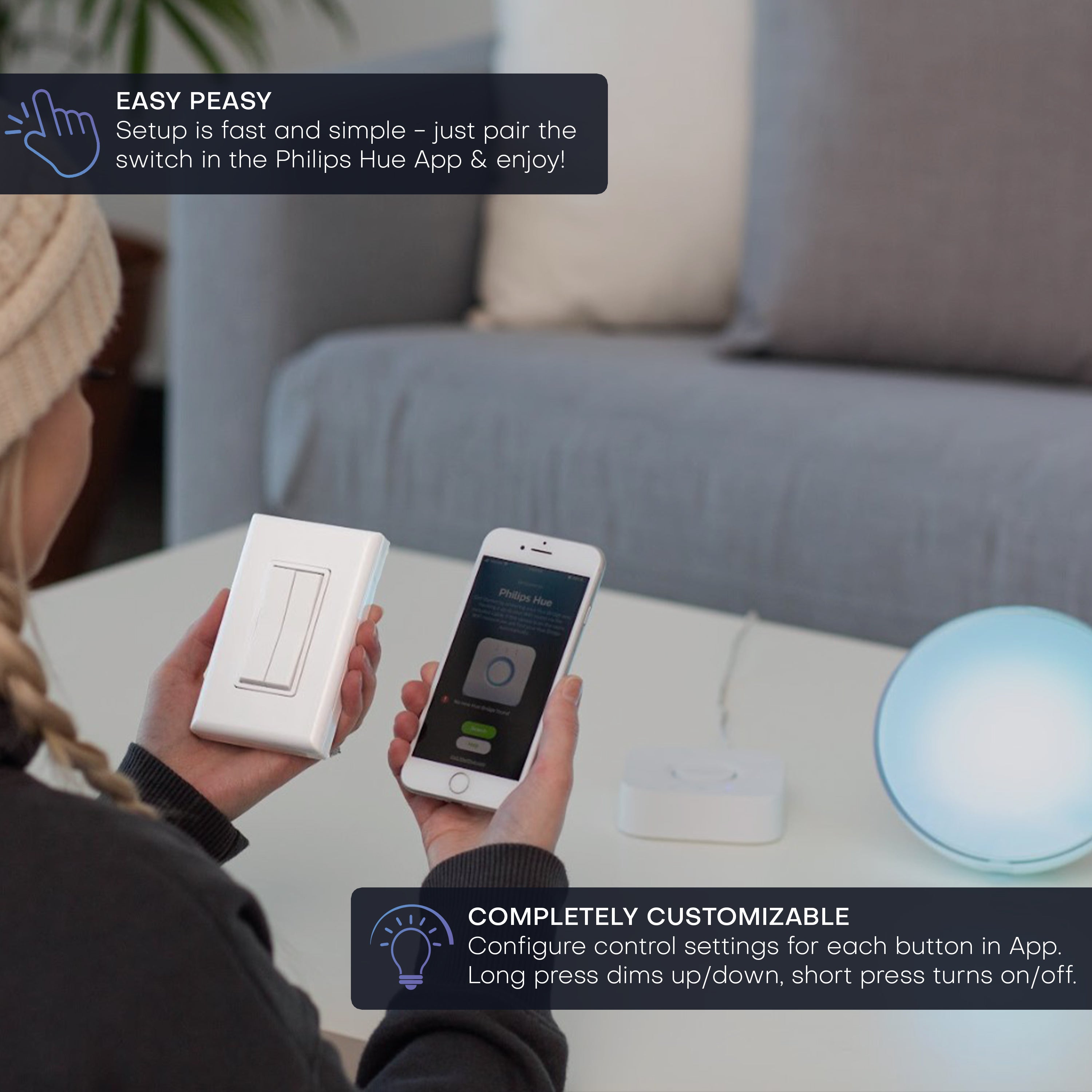 CLICK FOR PHILIPS HUE WIRELESS SMART SWITCH – Battery‑Free, Wire-Free, Self-Powered by Kinetic Energy (Single or Double Rocker)