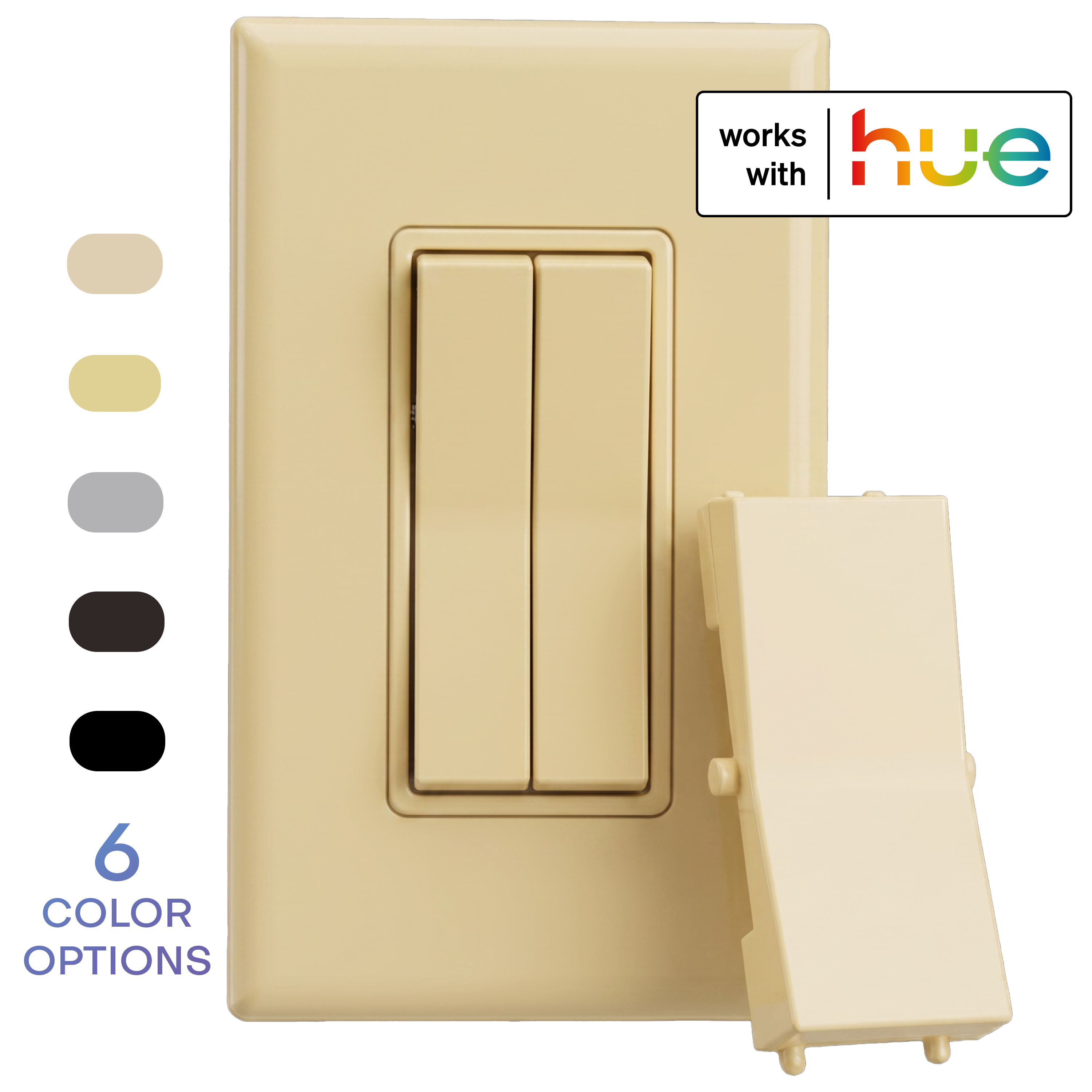An Ivory wireless and battery-free double-rocker smart light switch with a single rocker plastic (optional for a more traditional look). The image includes a 'works with hue' badge and a vertical list of six color options on the left.