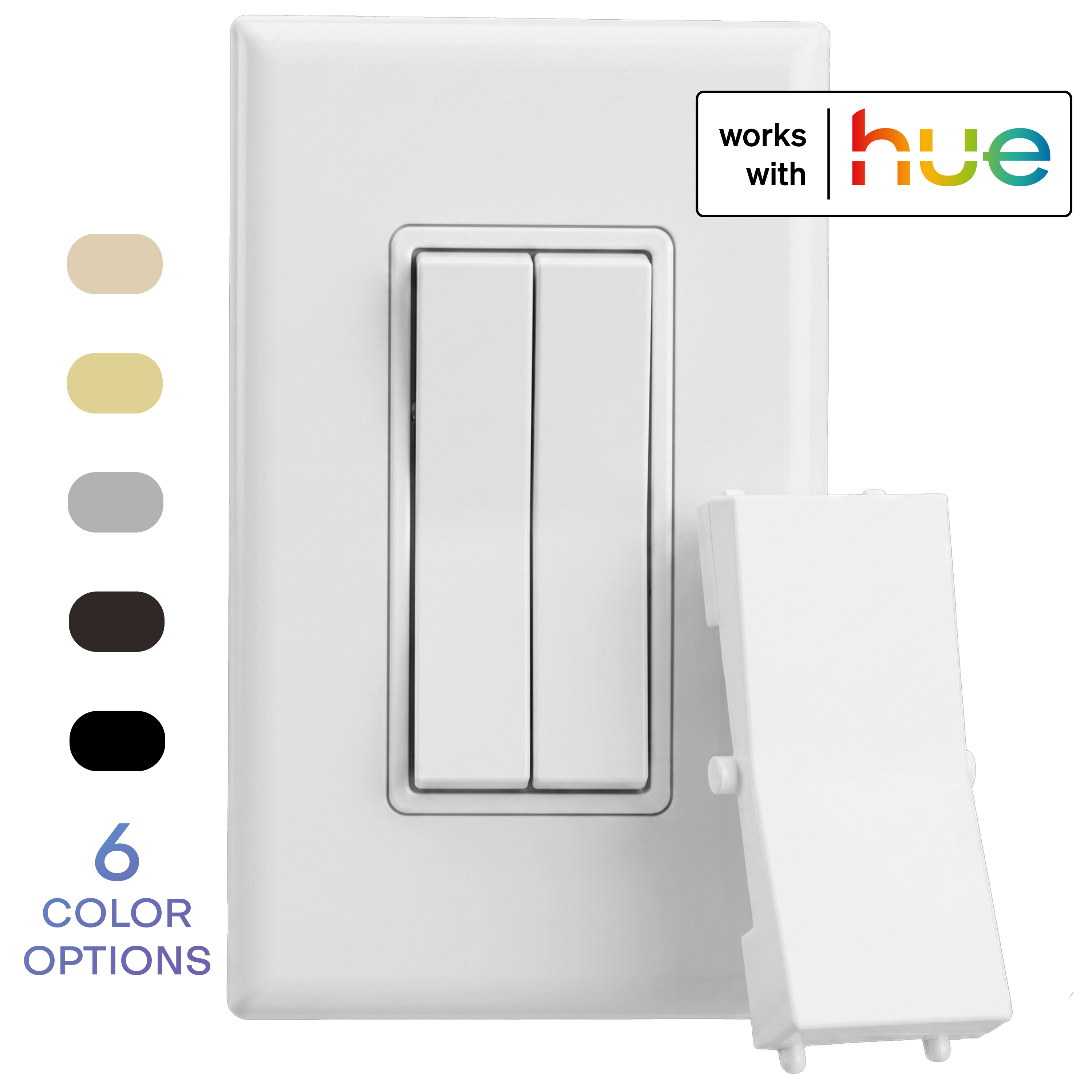 A white wireless and battery-free double-rocker smart light switch with a single rocker plastic (optional for a more traditional look). The image includes a 'works with hue' badge and a vertical list of six color options on the left.