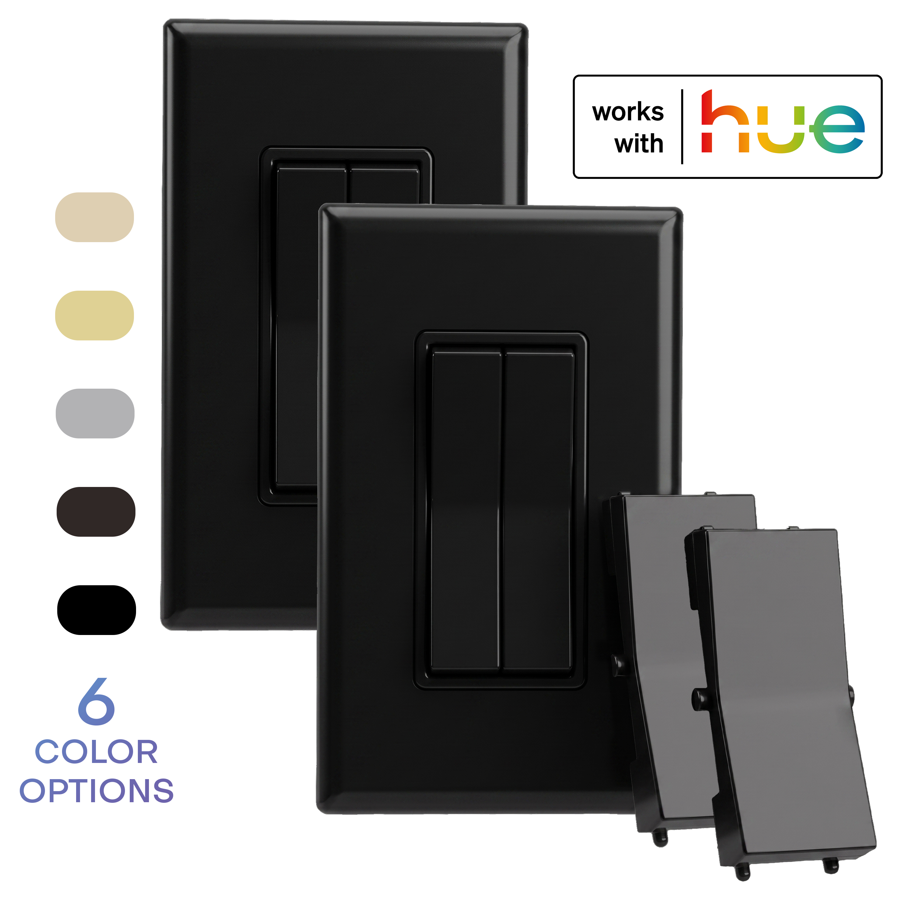 A 2-pack, black colored wireless and battery-free double-rocker smart light switch with a single rocker plastic (optional for a more traditional look). The image includes a 'works with hue' badge and a vertical list of six color options on the left.