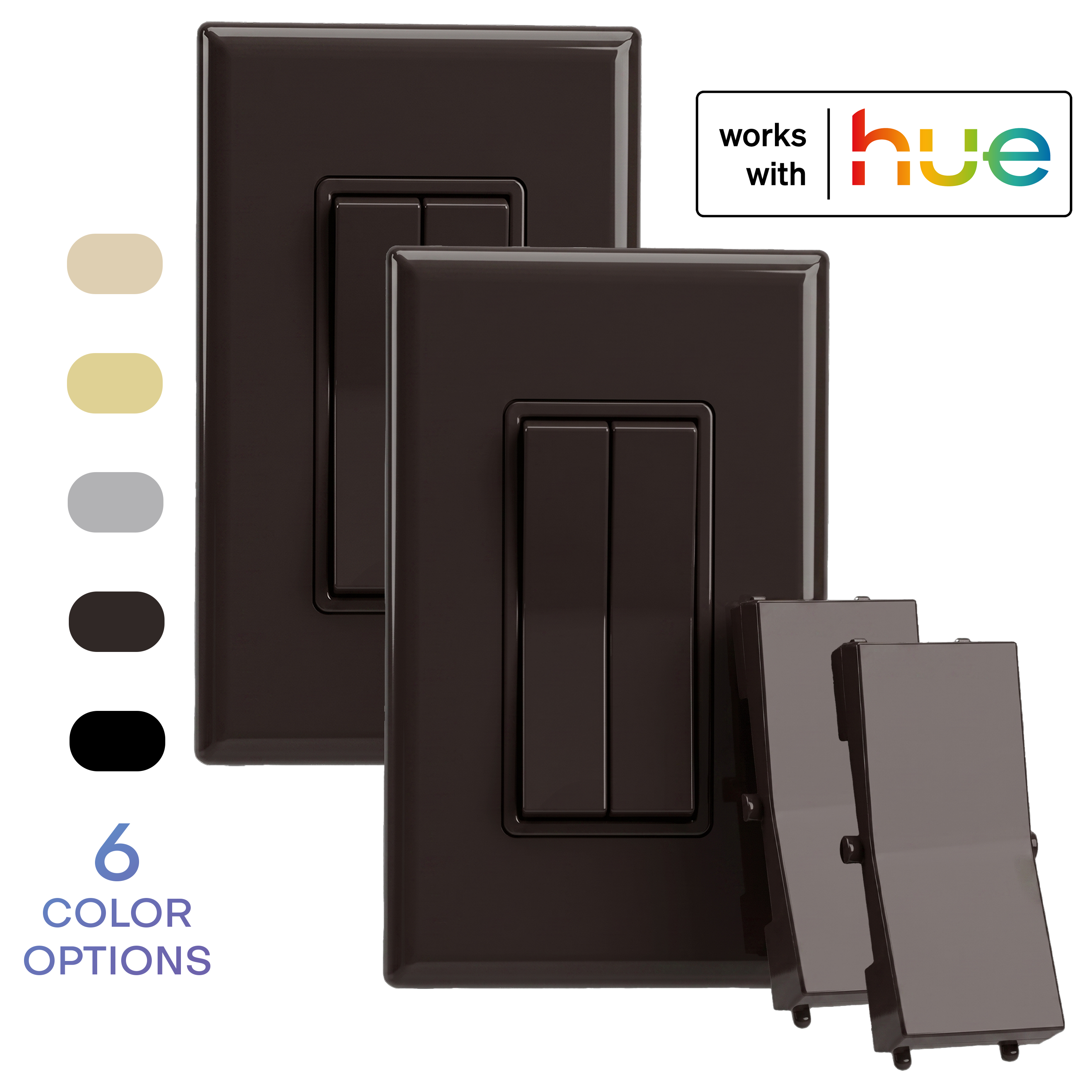 A 2-pack, brown colored wireless and battery-free double-rocker smart light switch with a single rocker plastic (optional for a more traditional look). The image includes a 'works with hue' badge and a vertical list of six color options on the left.