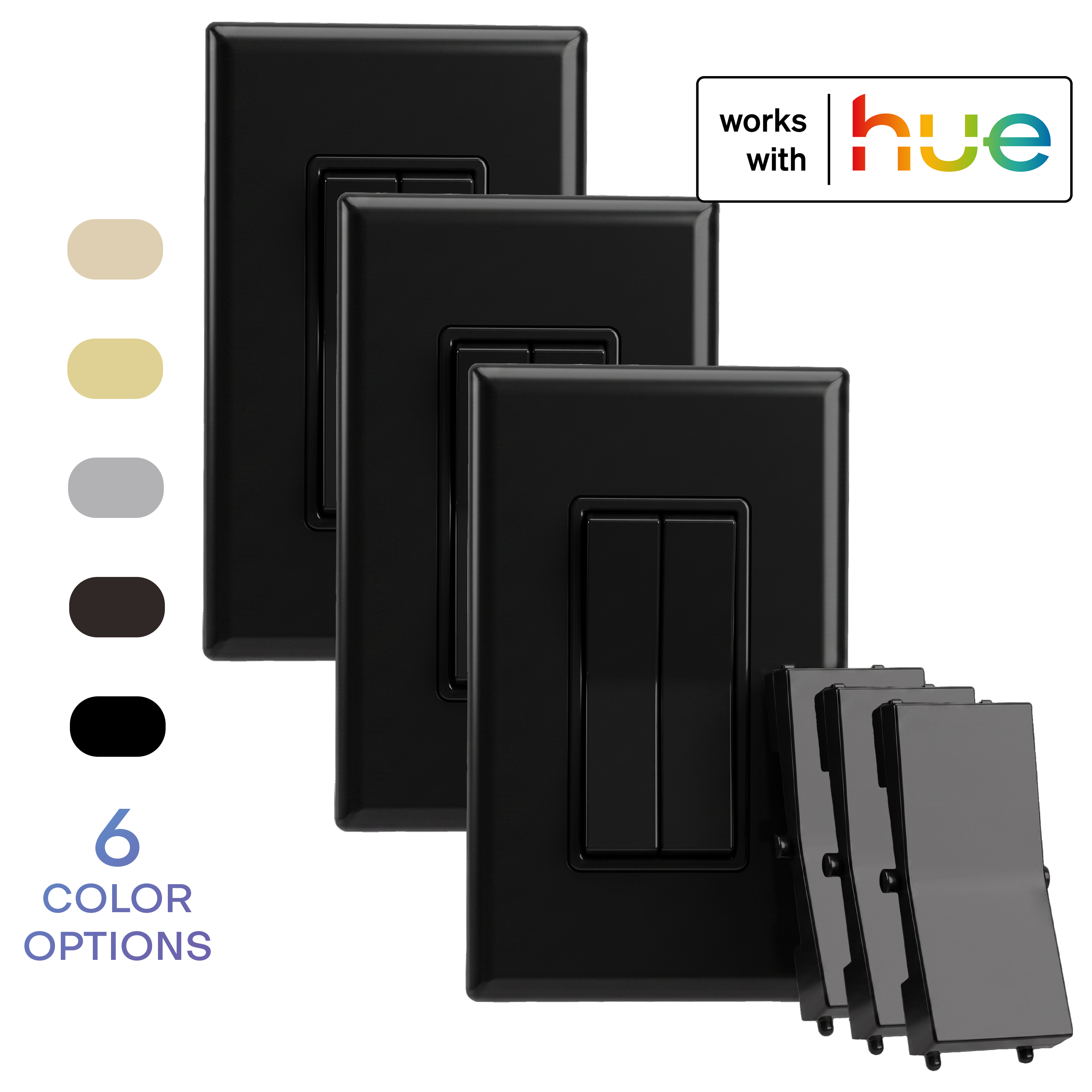 A 3-pack, white colored wireless and battery-free double-rocker smart light switch with a single rocker plastic (optional for a more traditional look). The image includes a 'works with hue' badge and a vertical list of six color options on the left.