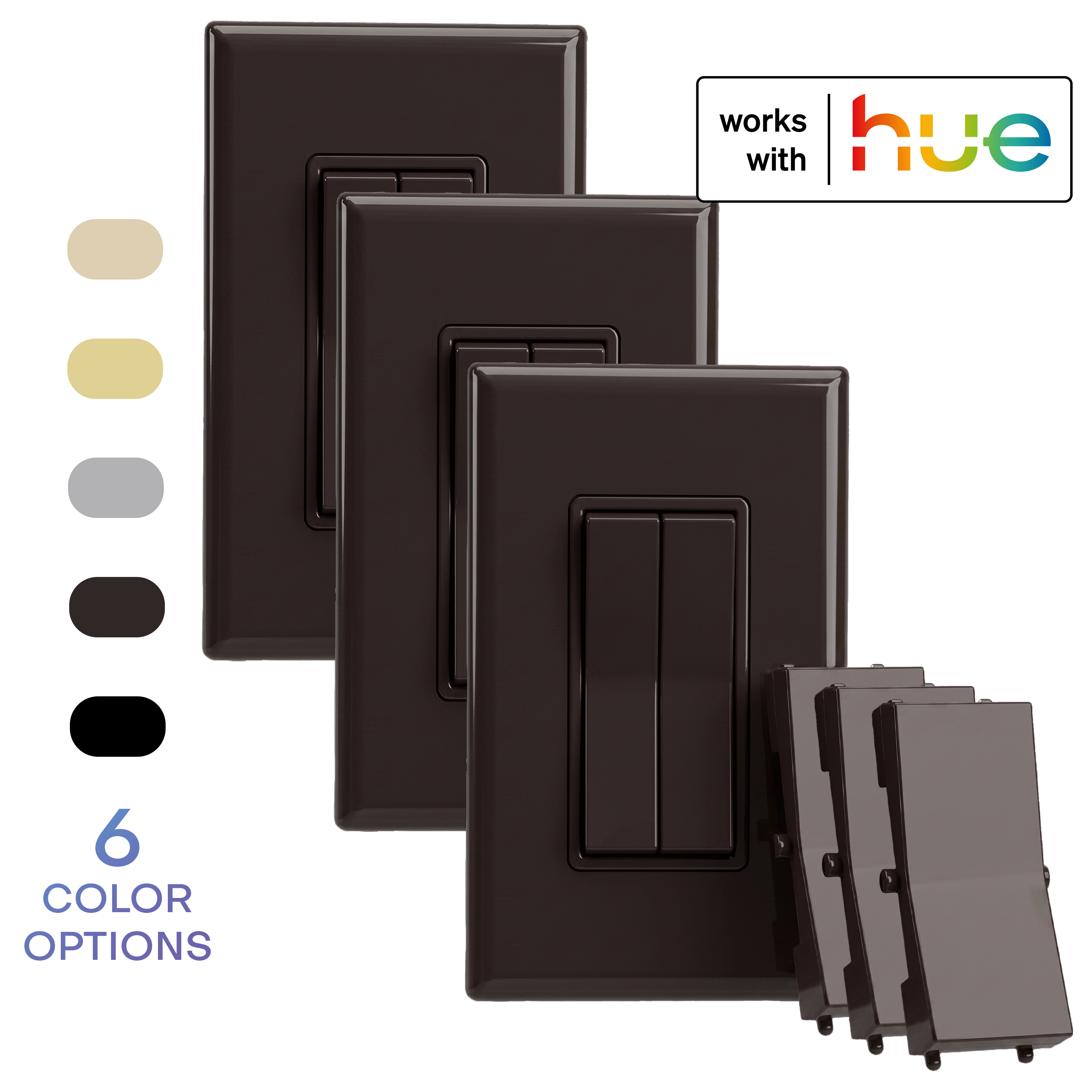 A 3-pack, brown colored wireless and battery-free double-rocker smart light switch with a single rocker plastic (optional for a more traditional look). The image includes a 'works with hue' badge and a vertical list of six color options on the left.