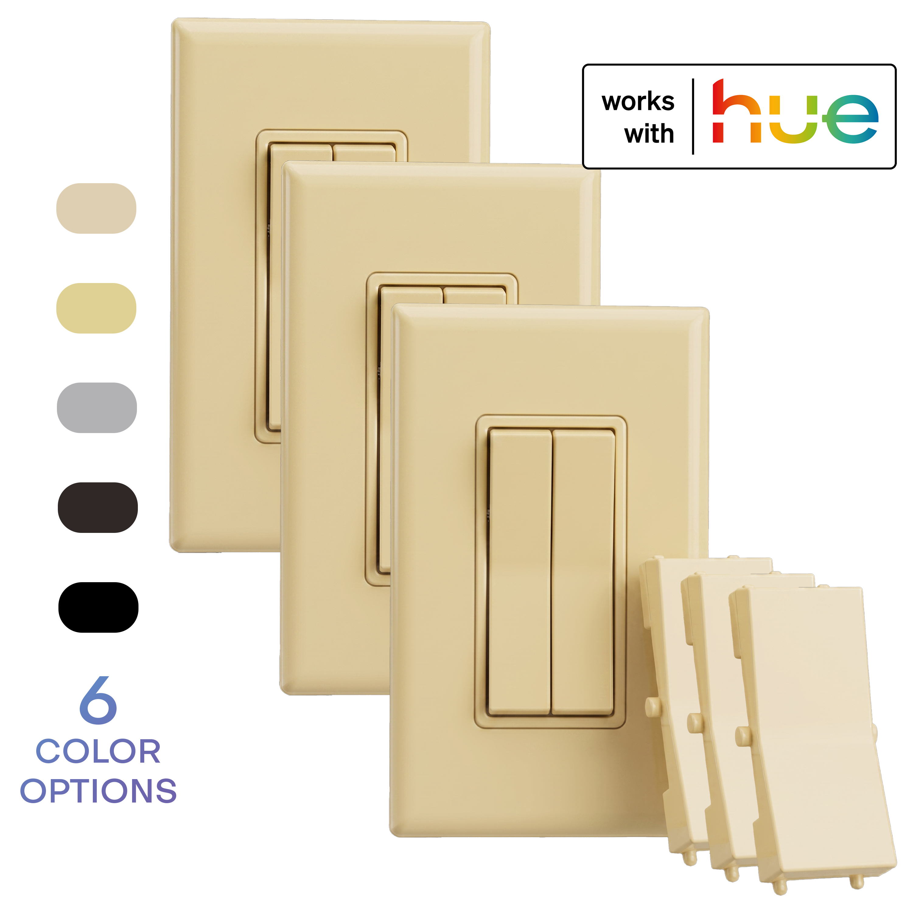 A 3-pack, ivory colored wireless and battery-free double-rocker smart light switch with a single rocker plastic (optional for a more traditional look). The image includes a 'works with hue' badge and a vertical list of six color options on the left.