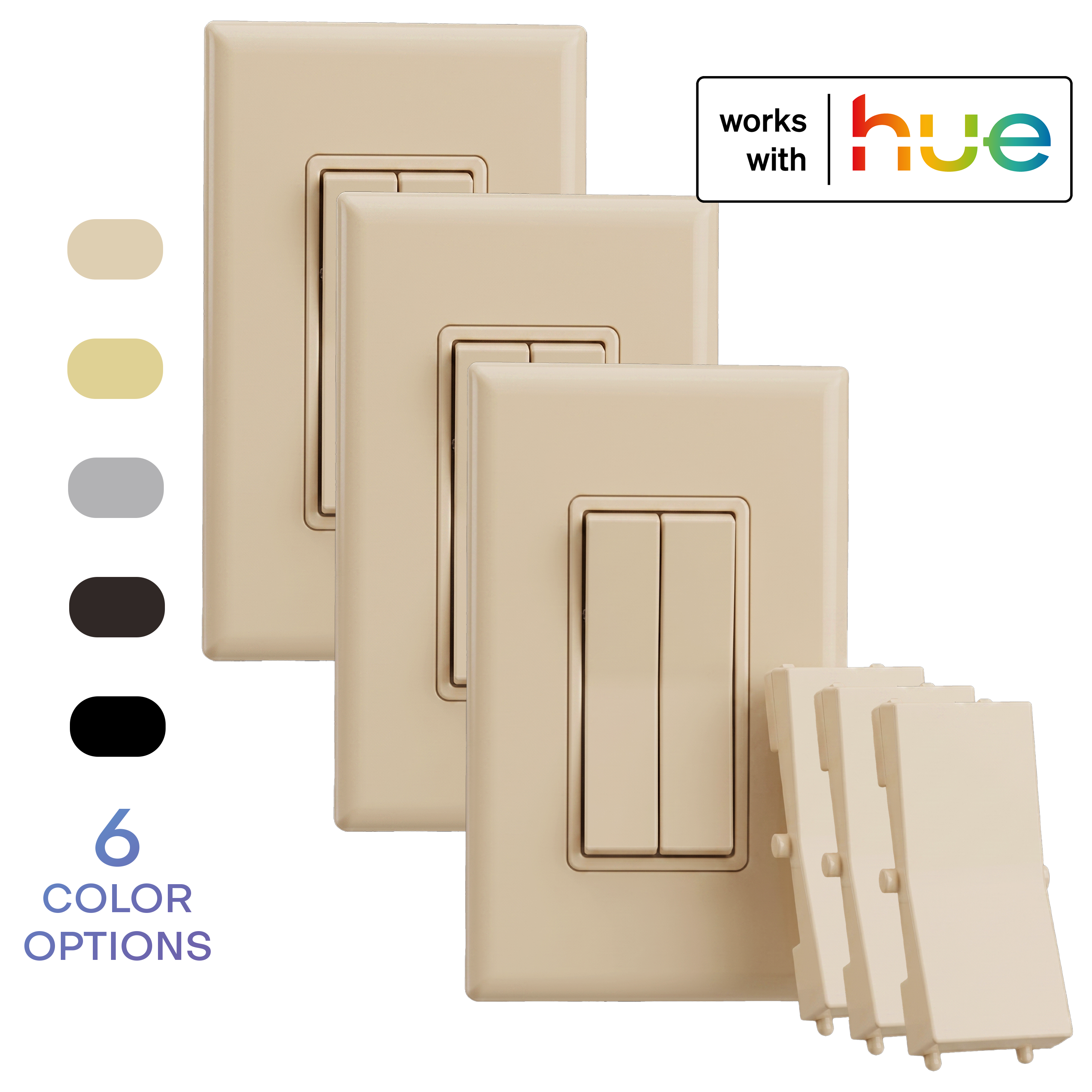 A 3-pack, light almond colored wireless and battery-free double-rocker smart light switch with a single rocker plastic (optional for a more traditional look). The image includes a 'works with hue' badge and a vertical list of six color options on the left.