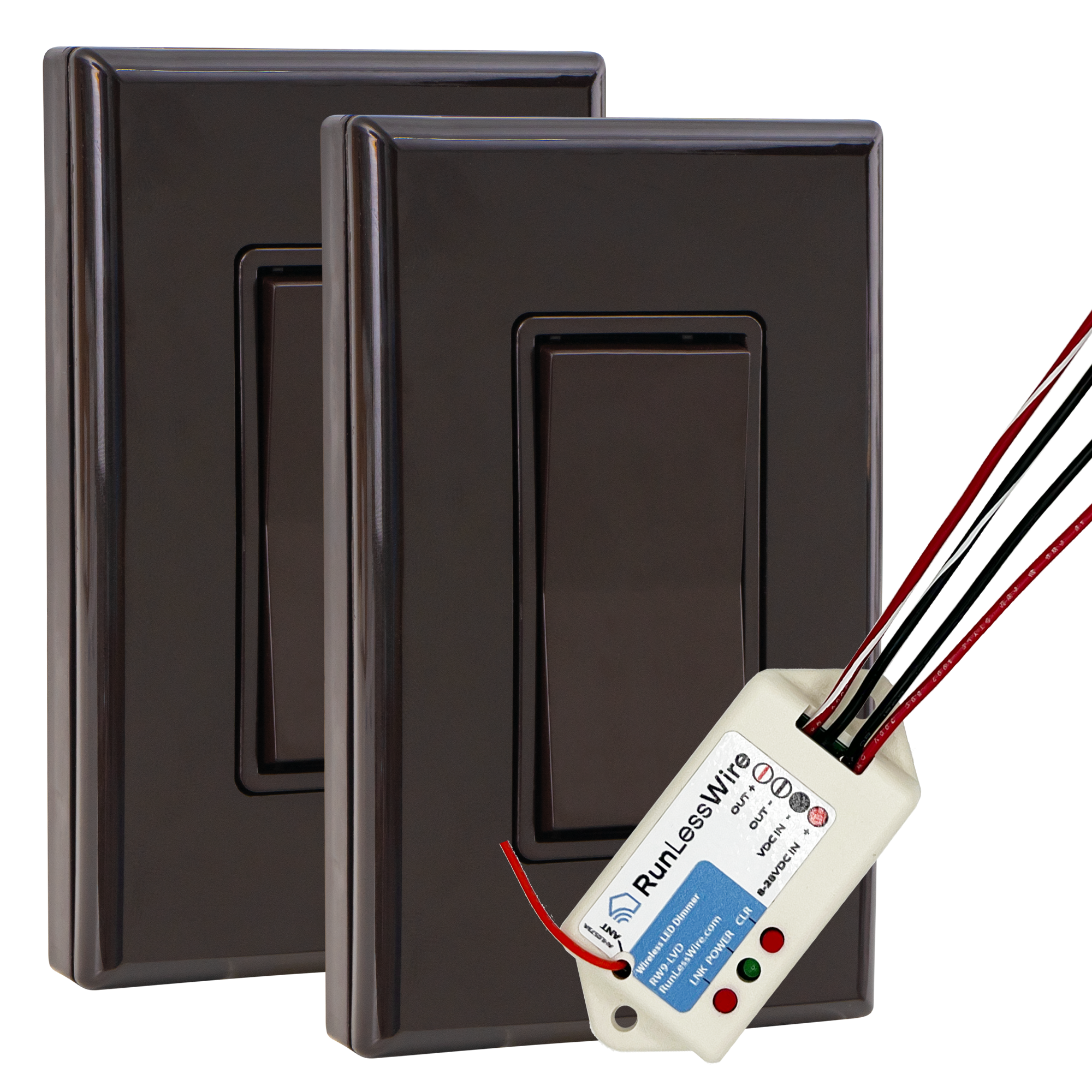 3-WAY LOW VOLT LED DIMMABLE WIRELESS SWITCH KIT - Ultra-Smooth PWM Receiver + 2 Battery-Free Wireless Light Switches (8-30VDC, 5A)