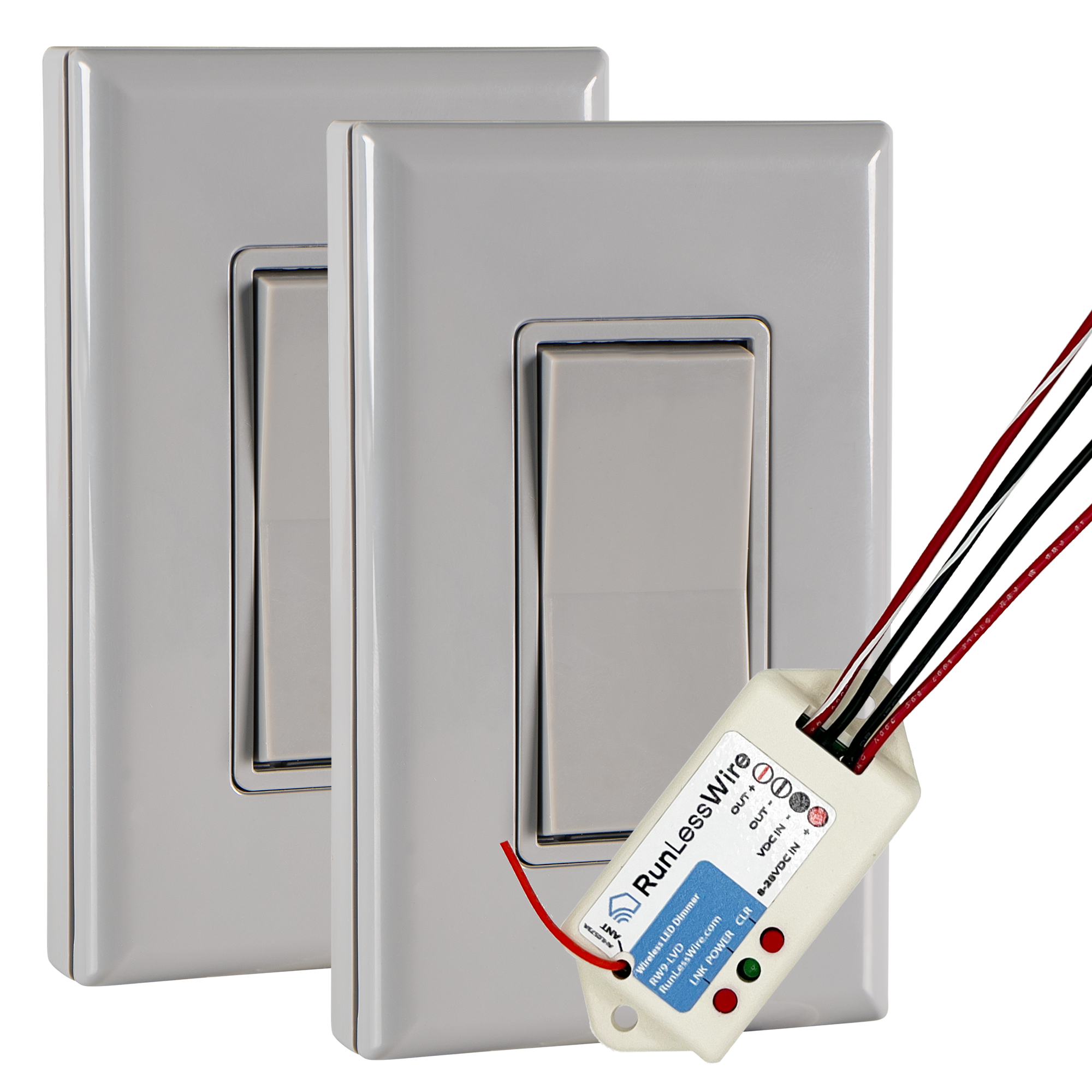 3-WAY LOW VOLT LED DIMMABLE WIRELESS SWITCH KIT - Ultra-Smooth PWM Receiver + 2 Battery-Free Wireless Light Switches (8-30VDC, 5A)