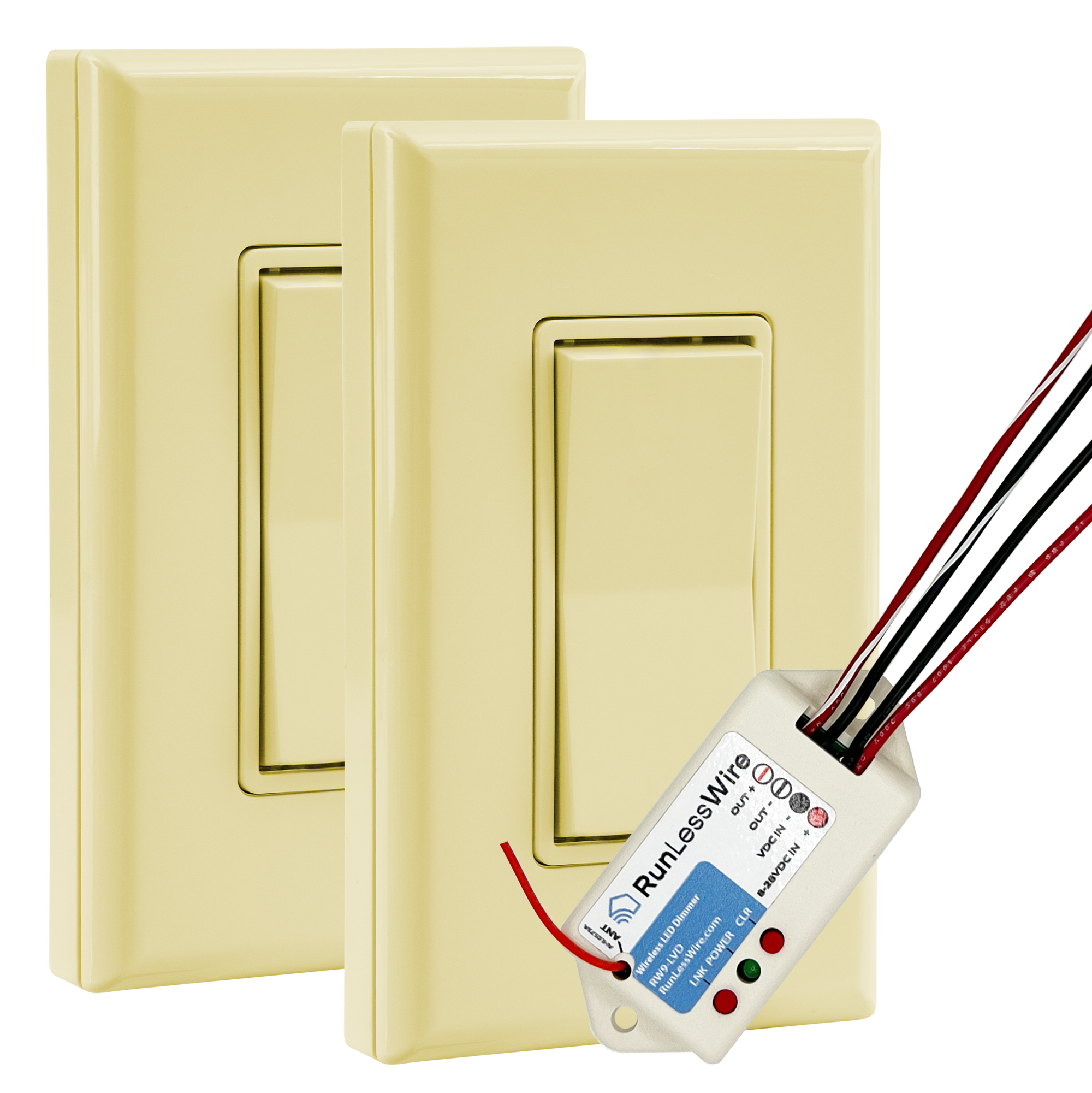 3-WAY LOW VOLT LED DIMMABLE WIRELESS SWITCH KIT - Ultra-Smooth PWM Receiver + 2 Battery-Free Wireless Light Switches (8-30VDC, 5A)