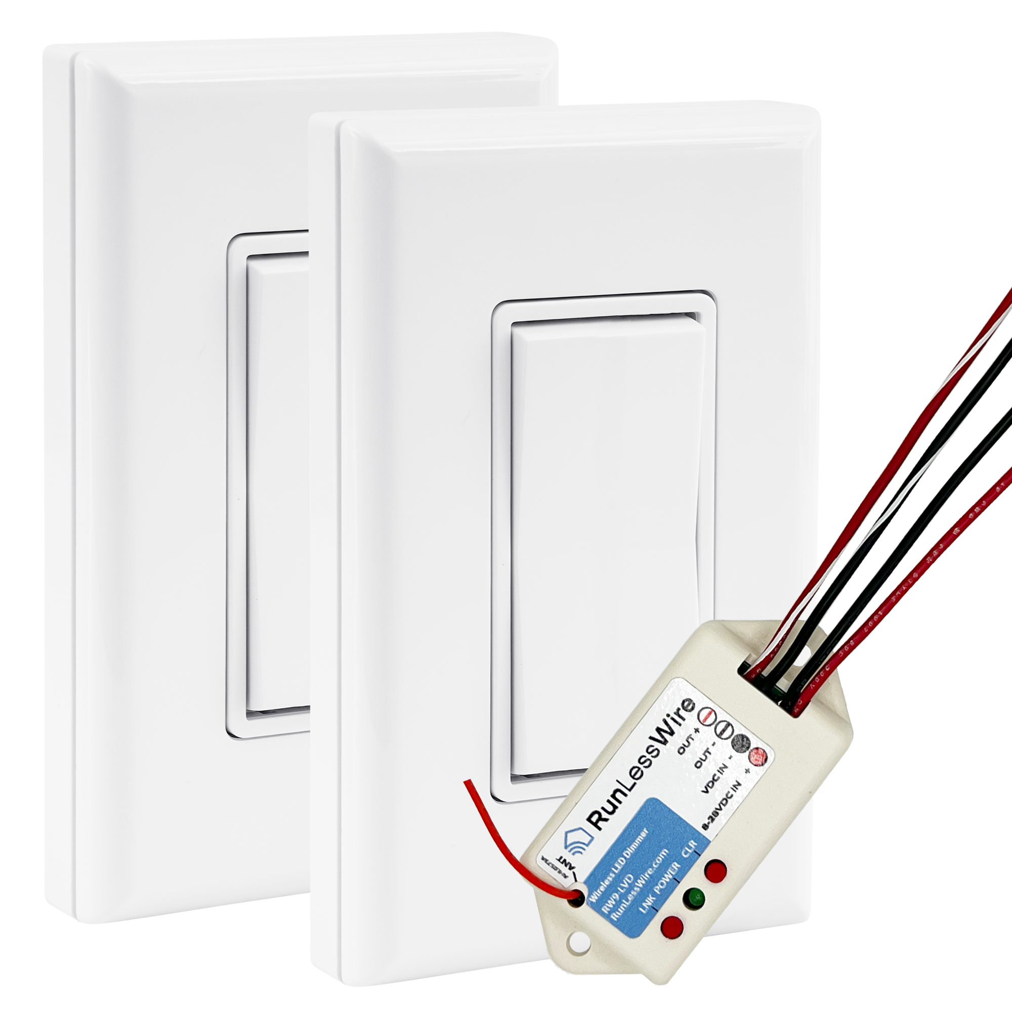 3-WAY LOW VOLT LED DIMMABLE WIRELESS SWITCH KIT - Ultra-Smooth PWM Receiver + 2 Battery-Free Wireless Light Switches (8-30VDC, 5A)