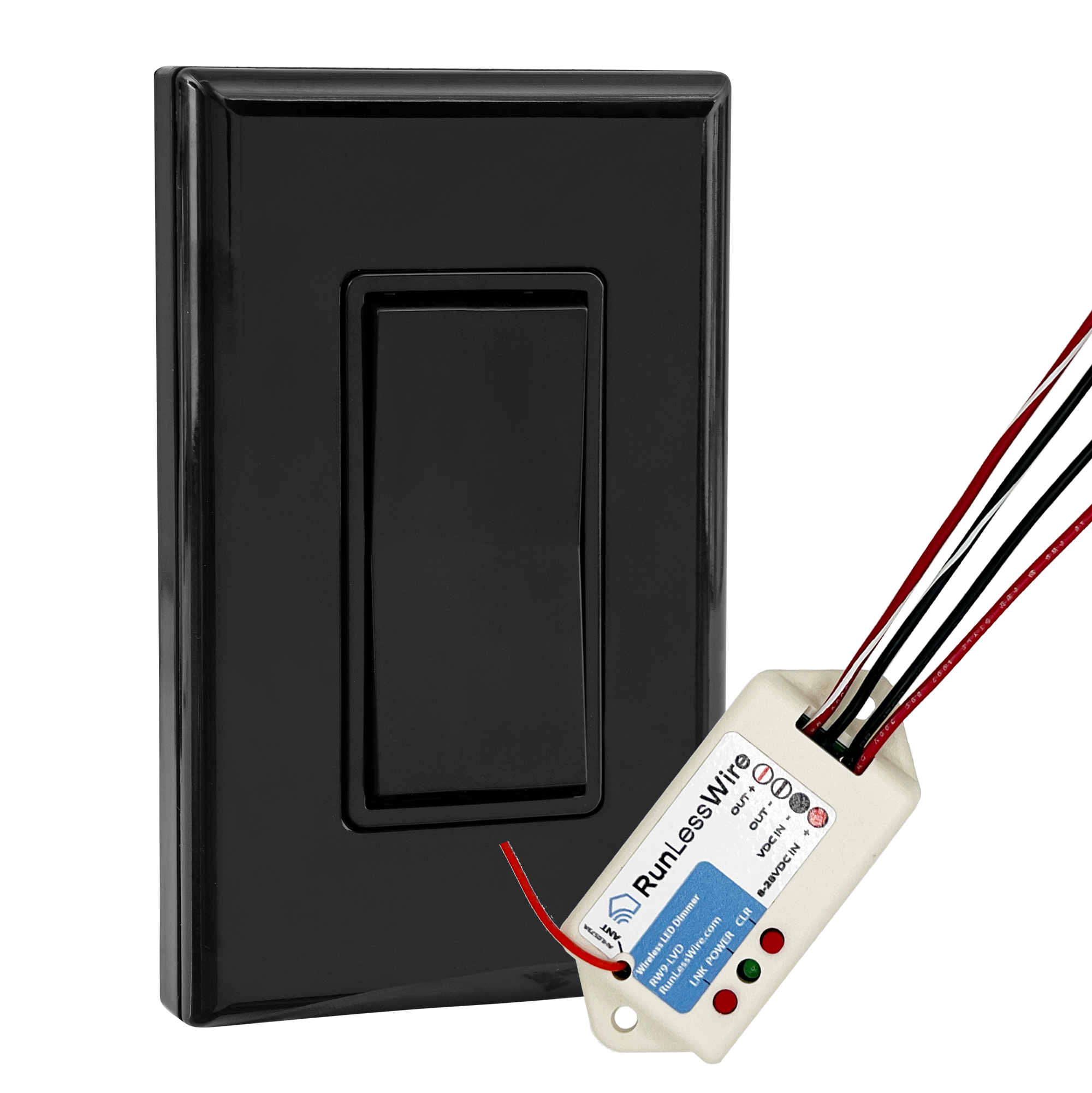 SINGLE POLE LOW VOLT LED DIMMABLE WIRELESS SWITCH KIT - Ultra-Smooth PWM Receiver + Battery-Free Wireless Light Switch (8-30VDC, 5A)