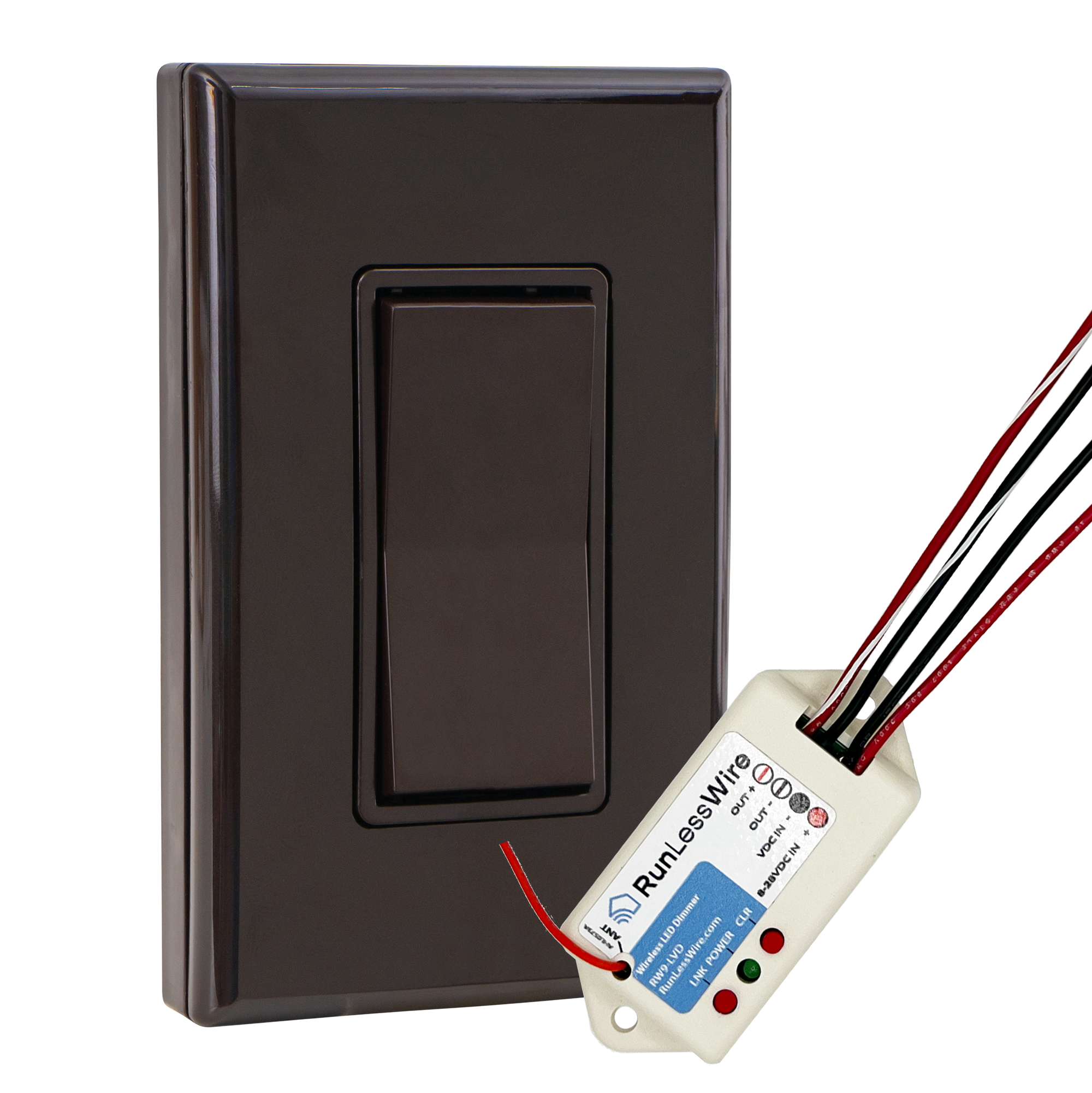 SINGLE POLE LOW VOLT LED DIMMABLE WIRELESS SWITCH KIT - Ultra-Smooth PWM Receiver + Battery-Free Wireless Light Switch (8-30VDC, 5A)