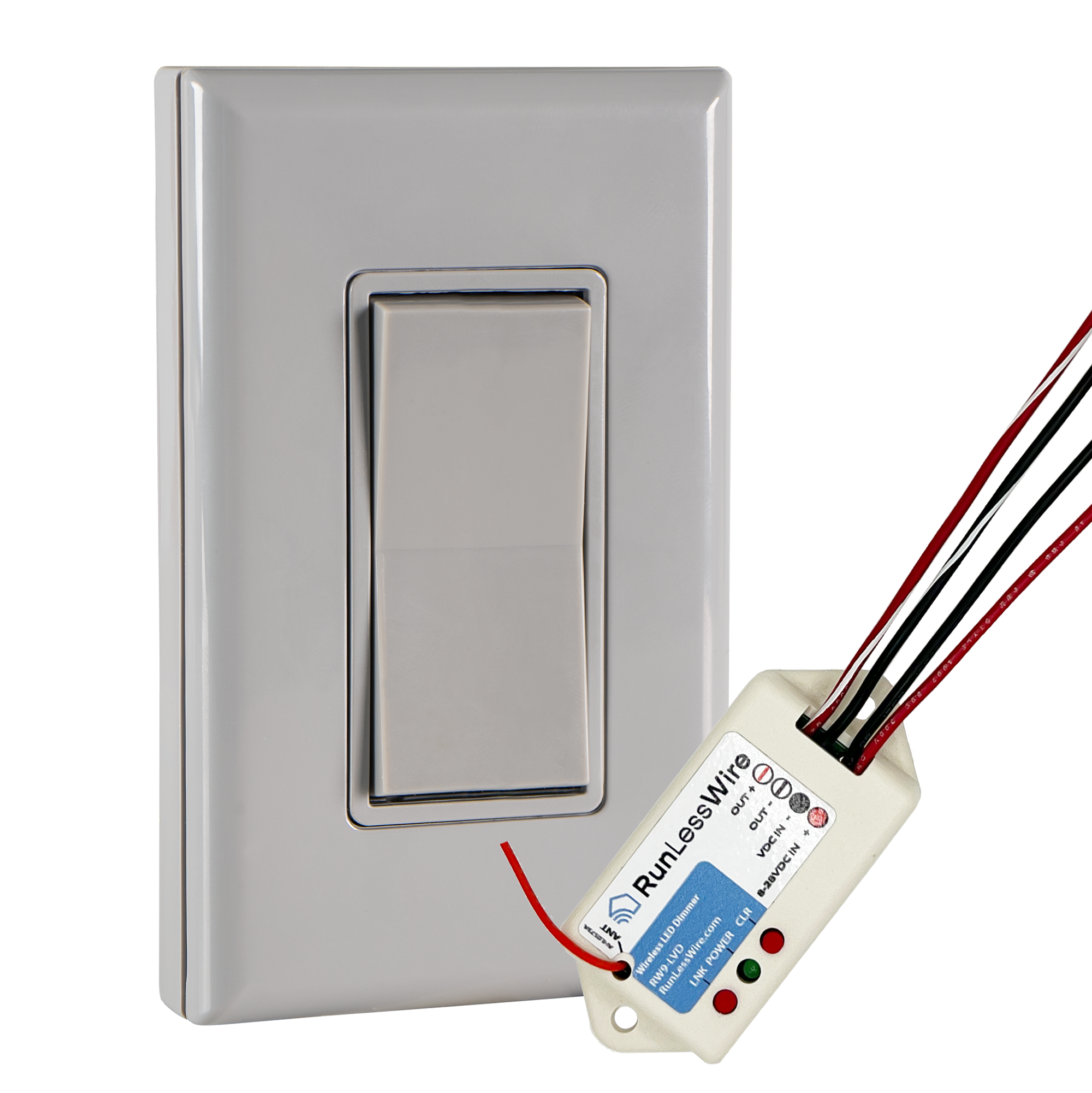 SINGLE POLE LOW VOLT LED DIMMABLE WIRELESS SWITCH KIT - Ultra-Smooth PWM Receiver + Battery-Free Wireless Light Switch (8-30VDC, 5A)