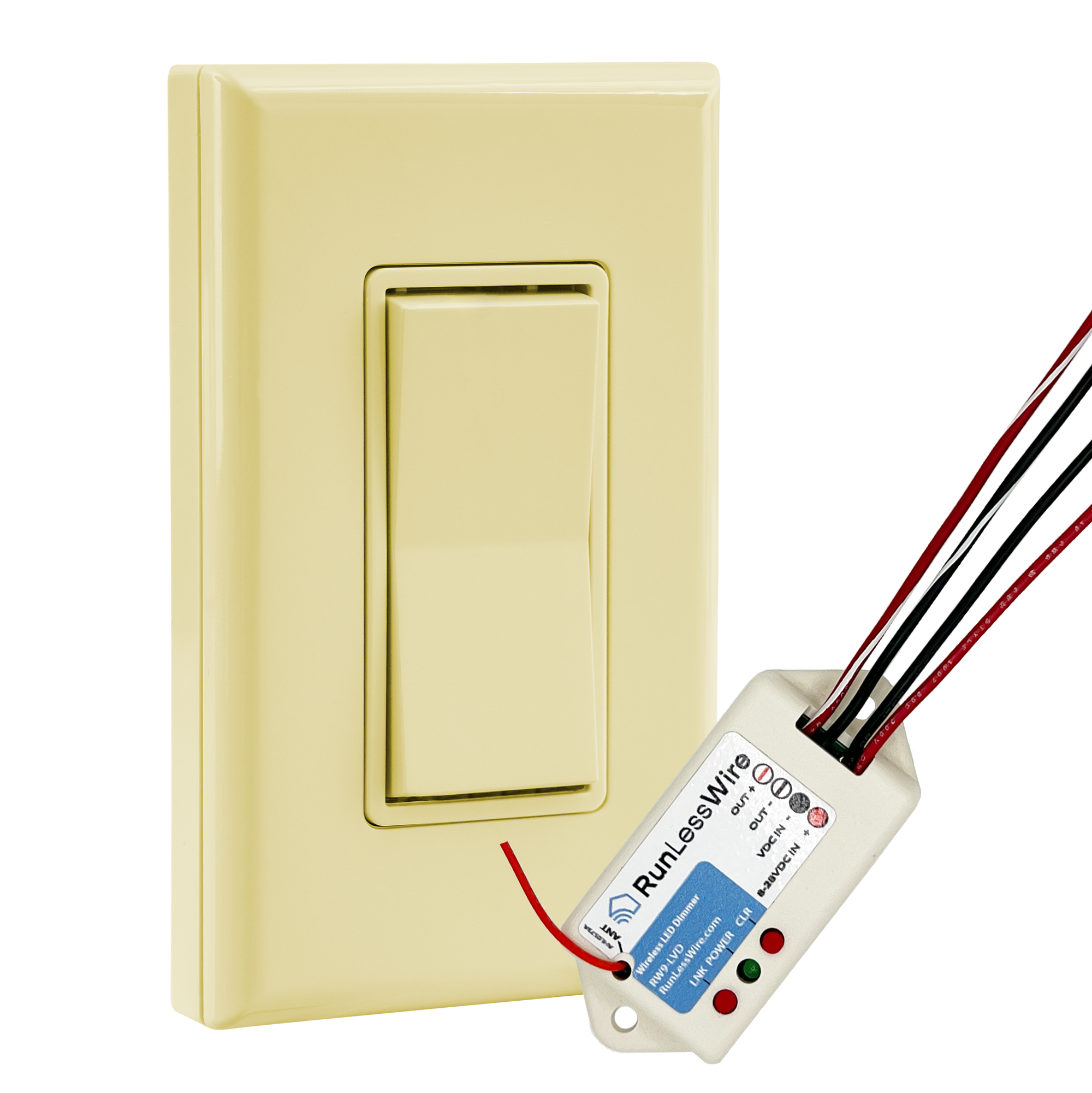 SINGLE POLE LOW VOLT LED DIMMABLE WIRELESS SWITCH KIT - Ultra-Smooth PWM Receiver + Battery-Free Wireless Light Switch (8-30VDC, 5A)