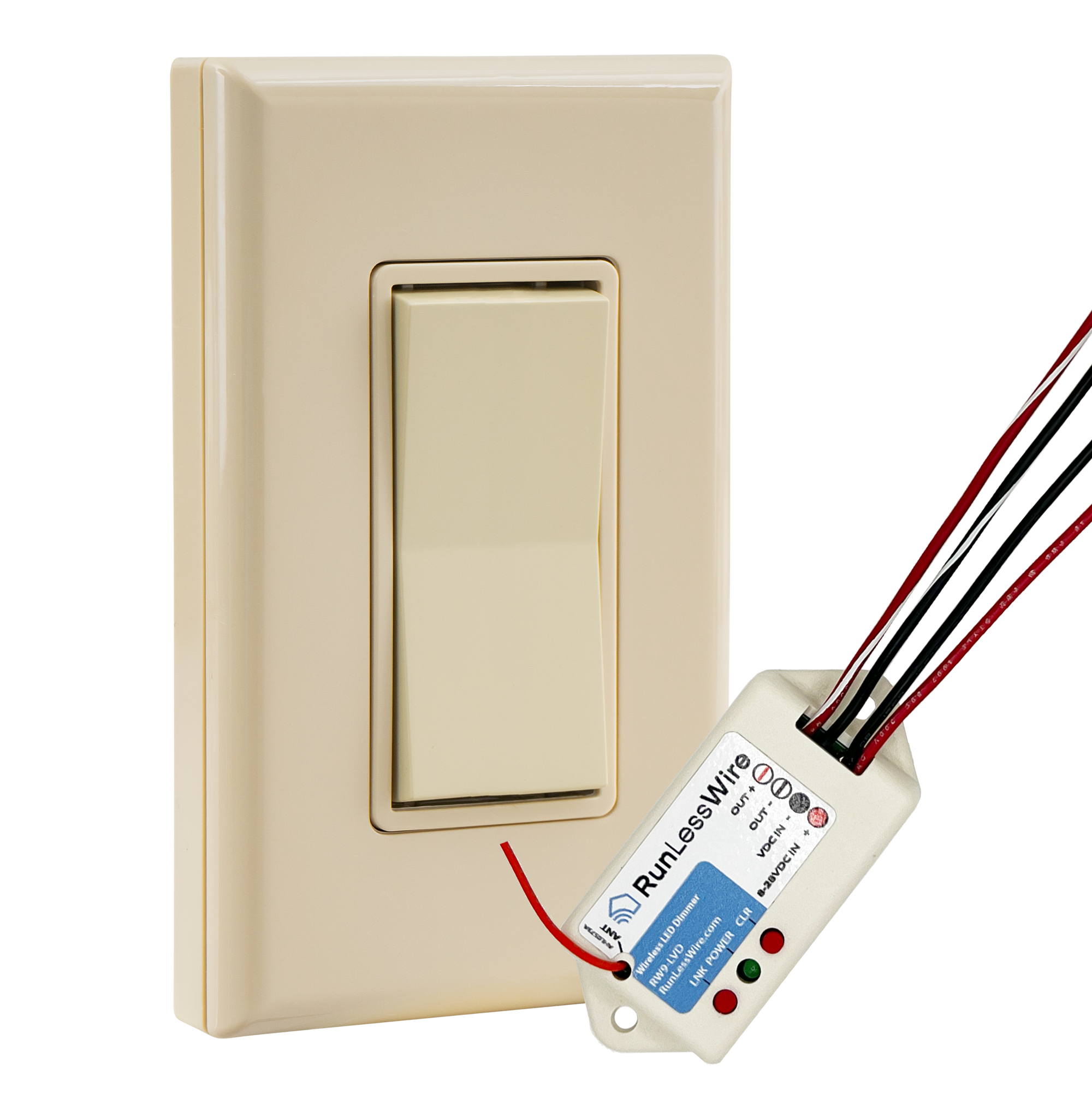 SINGLE POLE LOW VOLT LED DIMMABLE WIRELESS SWITCH KIT - Ultra-Smooth PWM Receiver + Battery-Free Wireless Light Switch (8-30VDC, 5A)