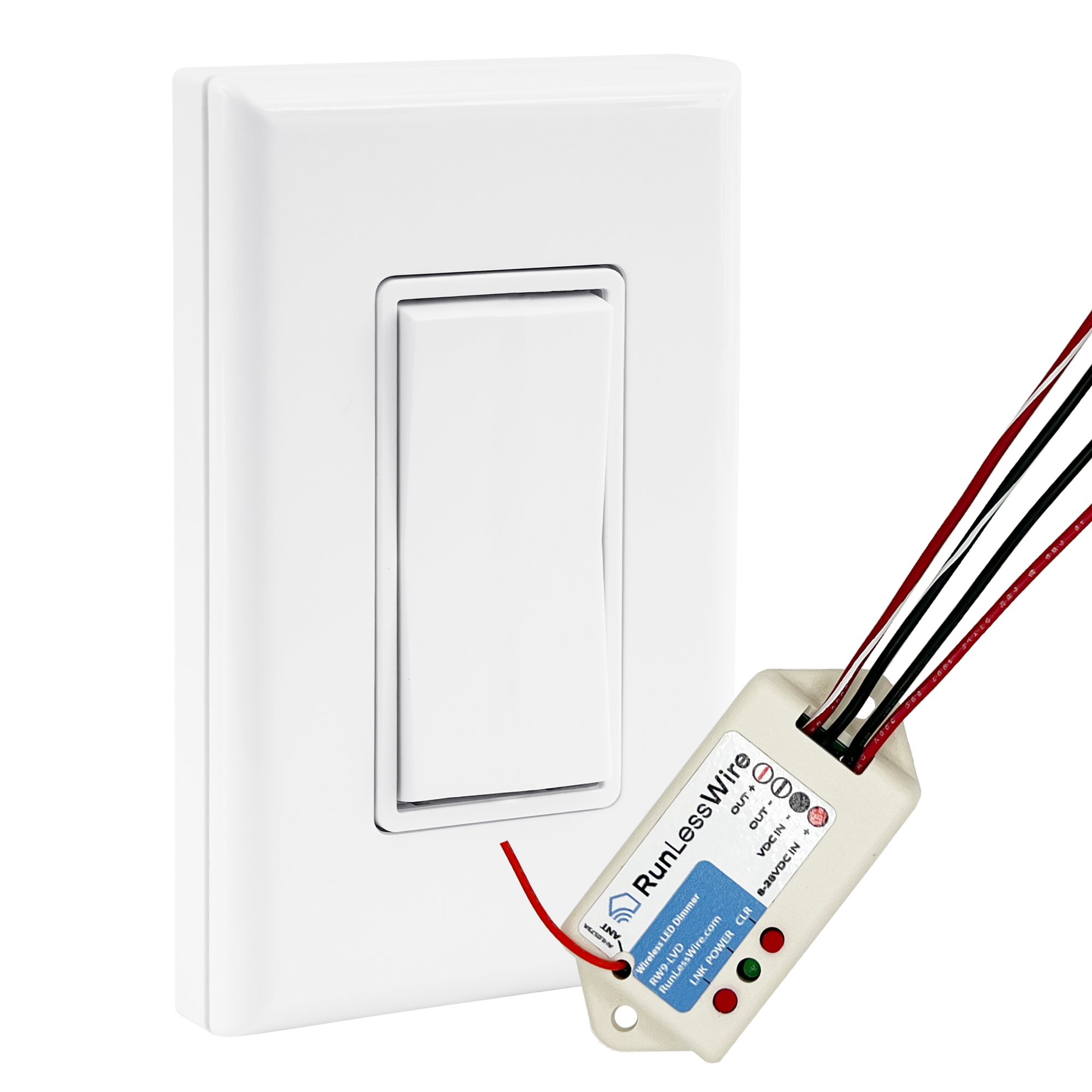 SINGLE POLE LOW VOLT LED DIMMABLE WIRELESS SWITCH KIT - Ultra-Smooth PWM Receiver + Battery-Free Wireless Light Switch (8-30VDC, 5A)