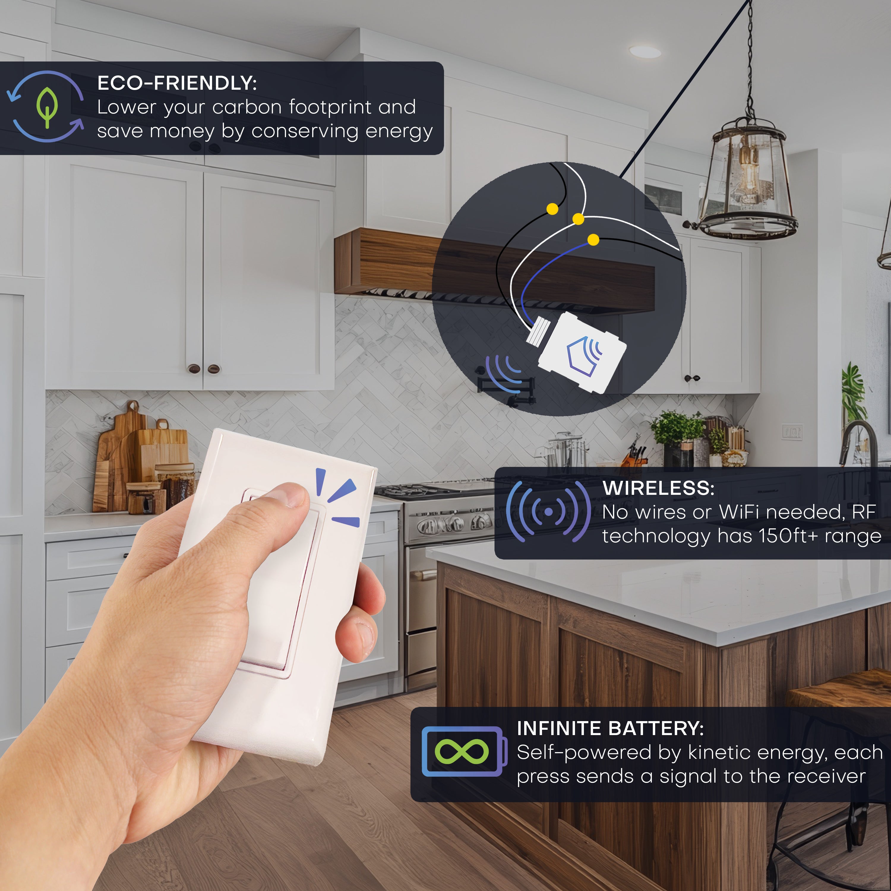 SINGLE POLE WIRELESS LIGHT SWITCH KIT – Battery‑Free, Wireless Self‑Powered Remote Switch (1 Receiver + 1 Switch)