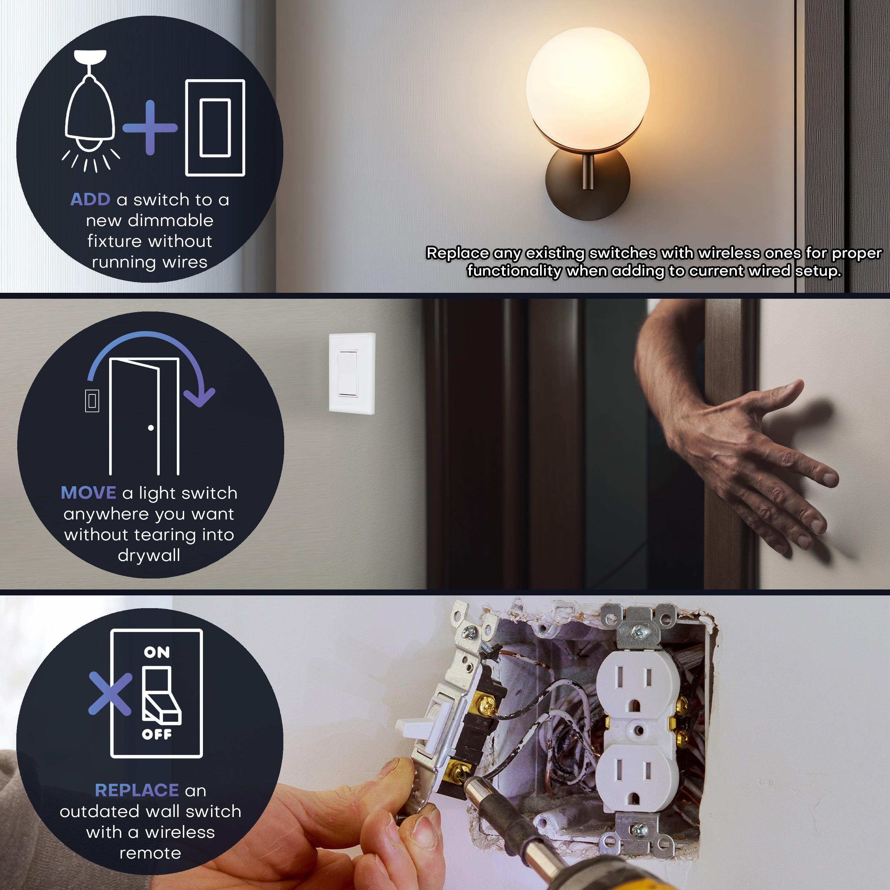 SINGLE POLE LOW VOLT LED DIMMABLE WIRELESS SWITCH KIT - Ultra-Smooth PWM Receiver + Battery-Free Wireless Light Switch (8-30VDC, 5A)