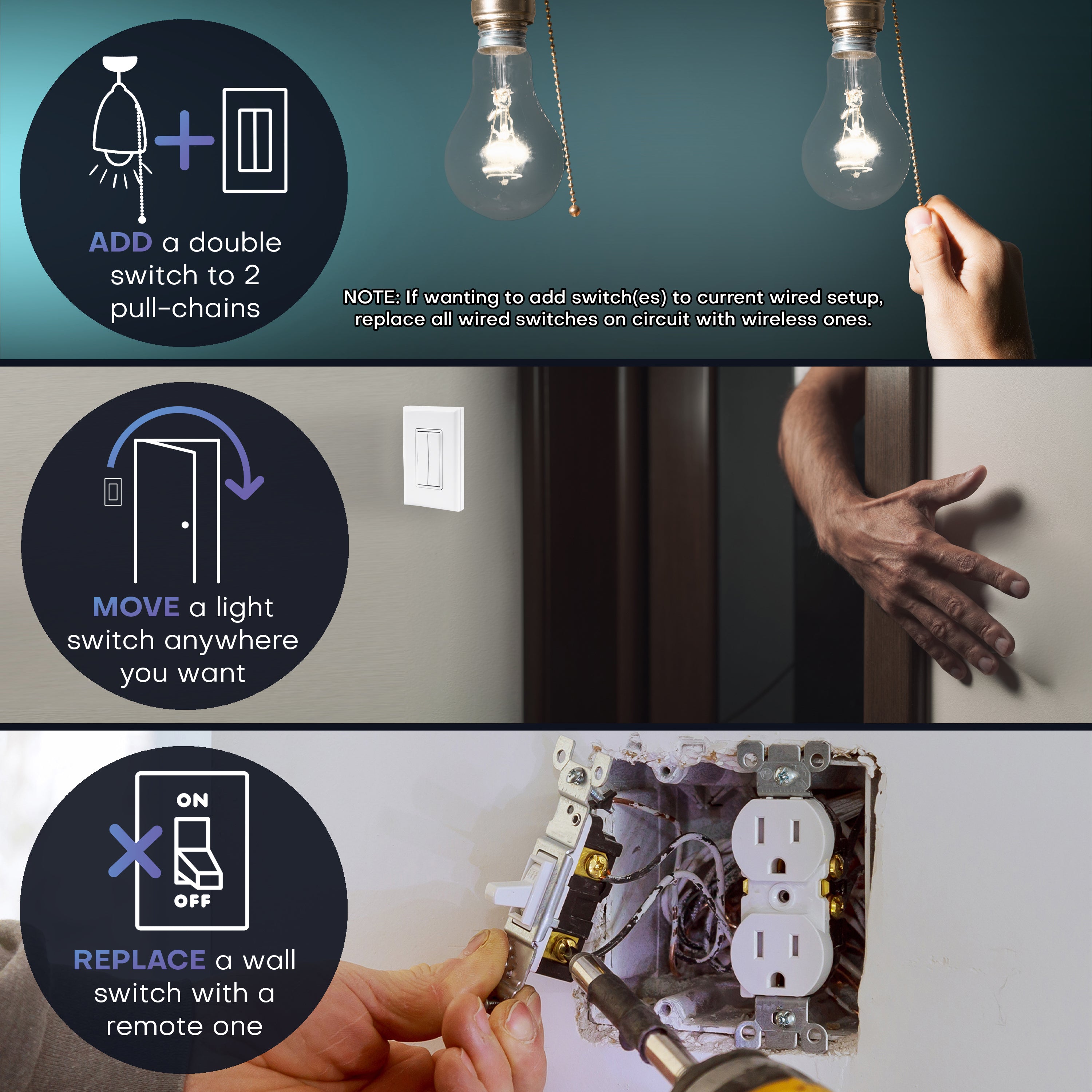 3-WAY FAN & LIGHT WIRELESS SWITCH KIT – Battery‑Free, Wireless Self‑Powered Remote Switch (2 Receivers + 2 Dual Rocker Switches)