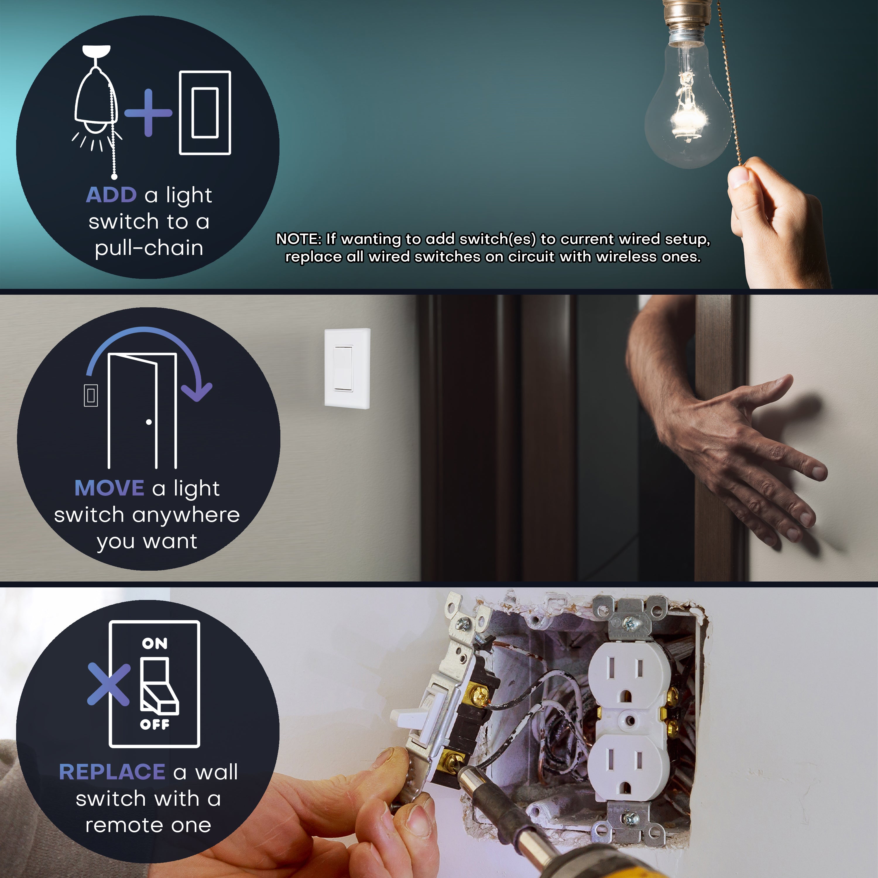 4-WAY WIRELESS LIGHT SWITCH KIT – Battery‑Free, Wireless Self‑Powered Remote Switch (1 Receiver + 2 Switches)