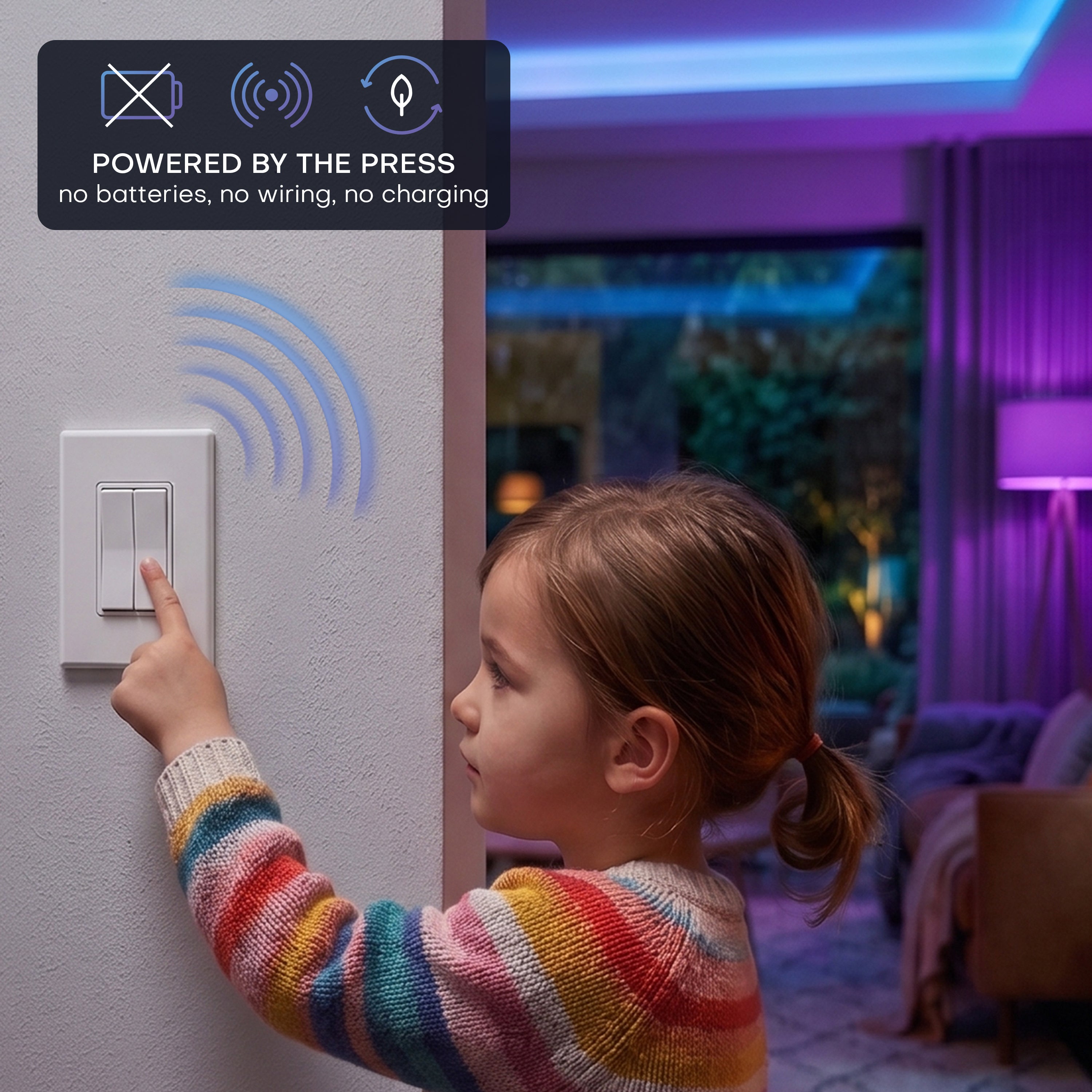 A child presses a dual rocker smart light switch on a wall. The switch is shown with blue wireless signal graphics and a black text overlay that reads 'POWERED BY THE PRESS no batteries, no wiring, no charging'.