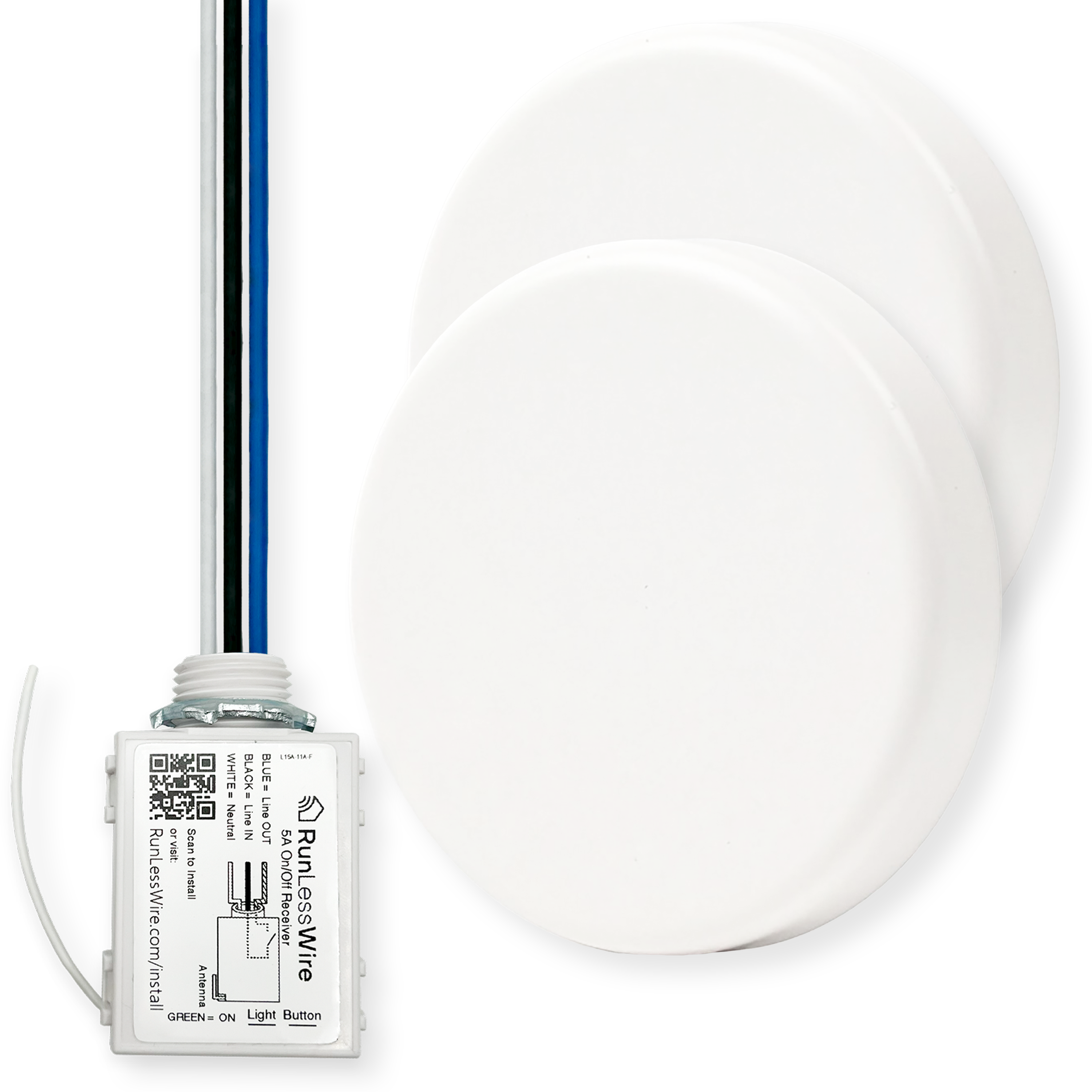 3-WAY BUTTON KIT: 2 Self-Powered Wireless Button Switches + 1 On/Off 5A Receiver