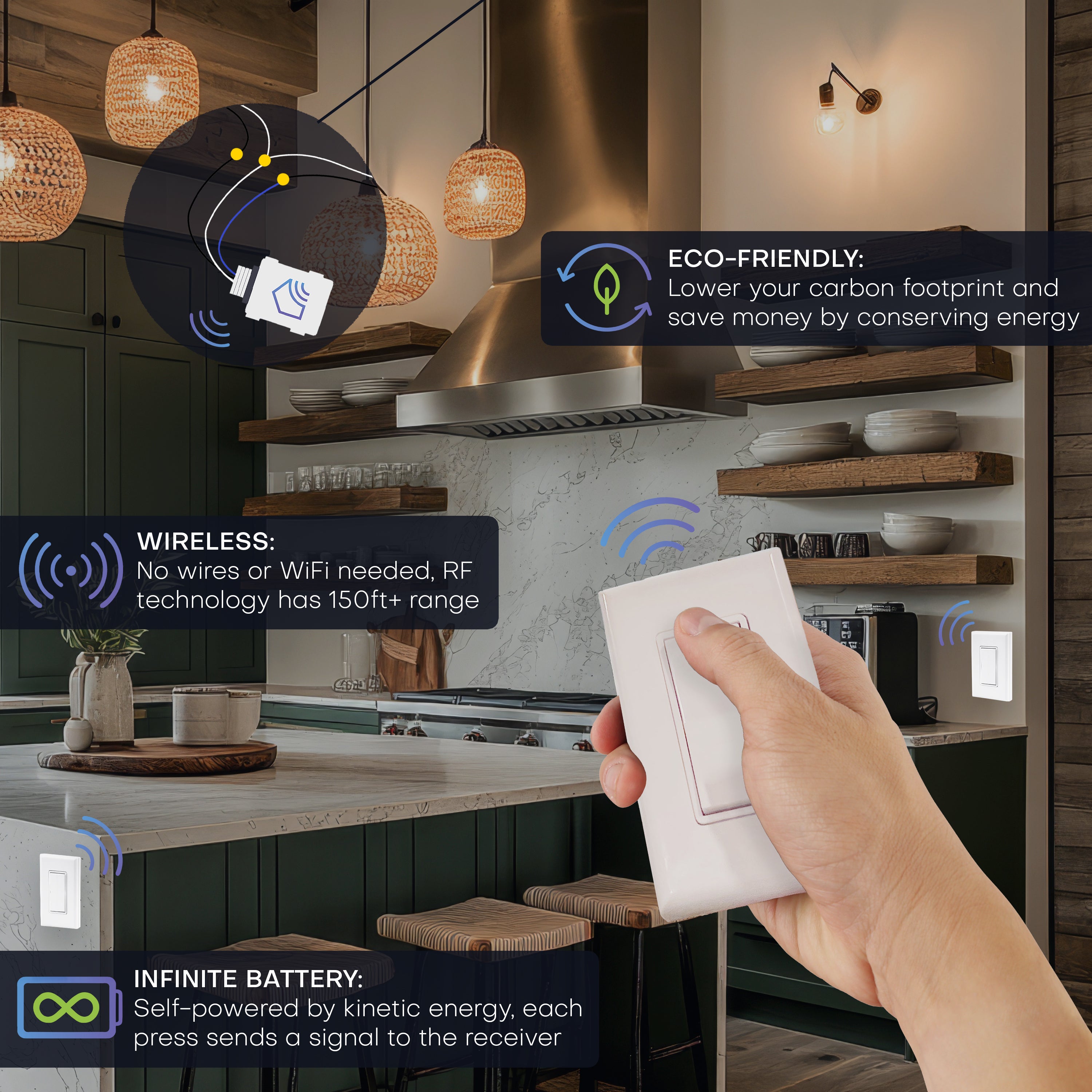 4-WAY WIRELESS LIGHT SWITCH KIT – Battery‑Free, Wireless Self‑Powered Remote Switch (1 Receiver + 2 Switches)