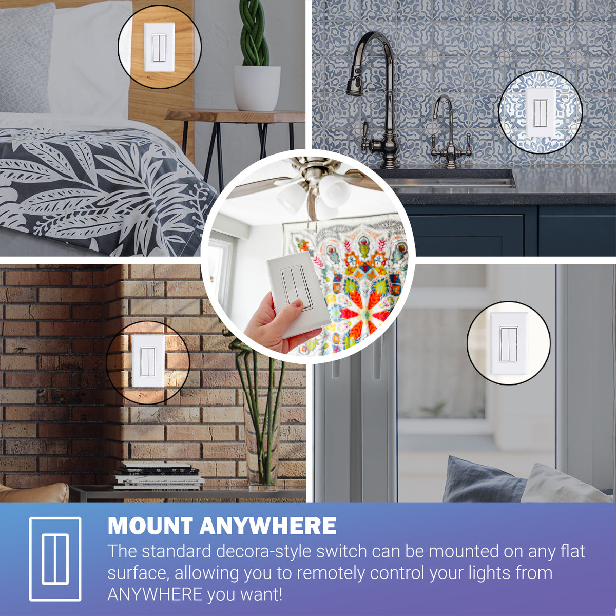 Wireless Fan & Light Switch Kit – 2 Controllers, 1 Dual Rocker Switch