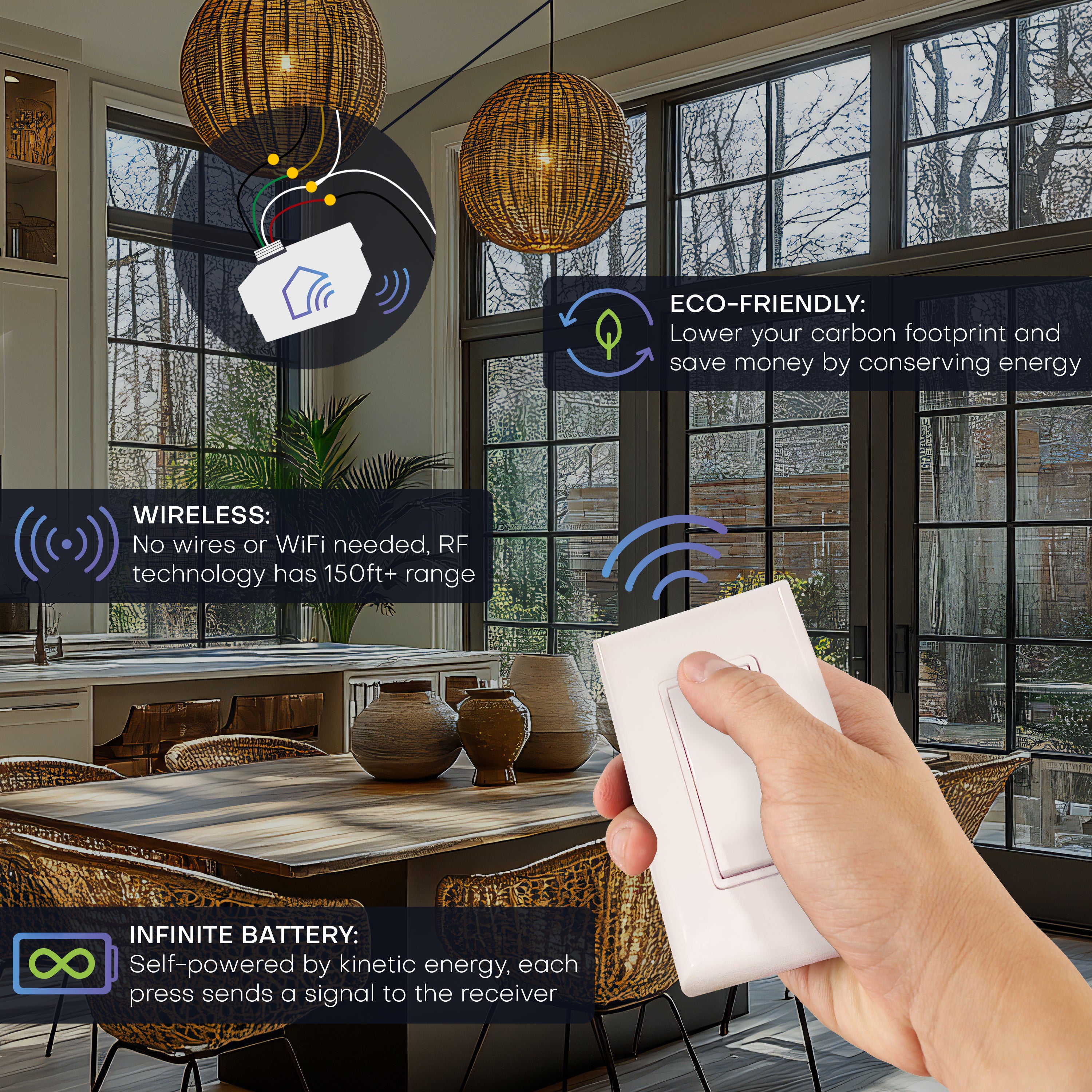 3-WAY DIMMABLE WIRELESS SWITCH KIT - 120VAC Phase Dimming Receiver + 2 Battery-Free Wireless Light Switches