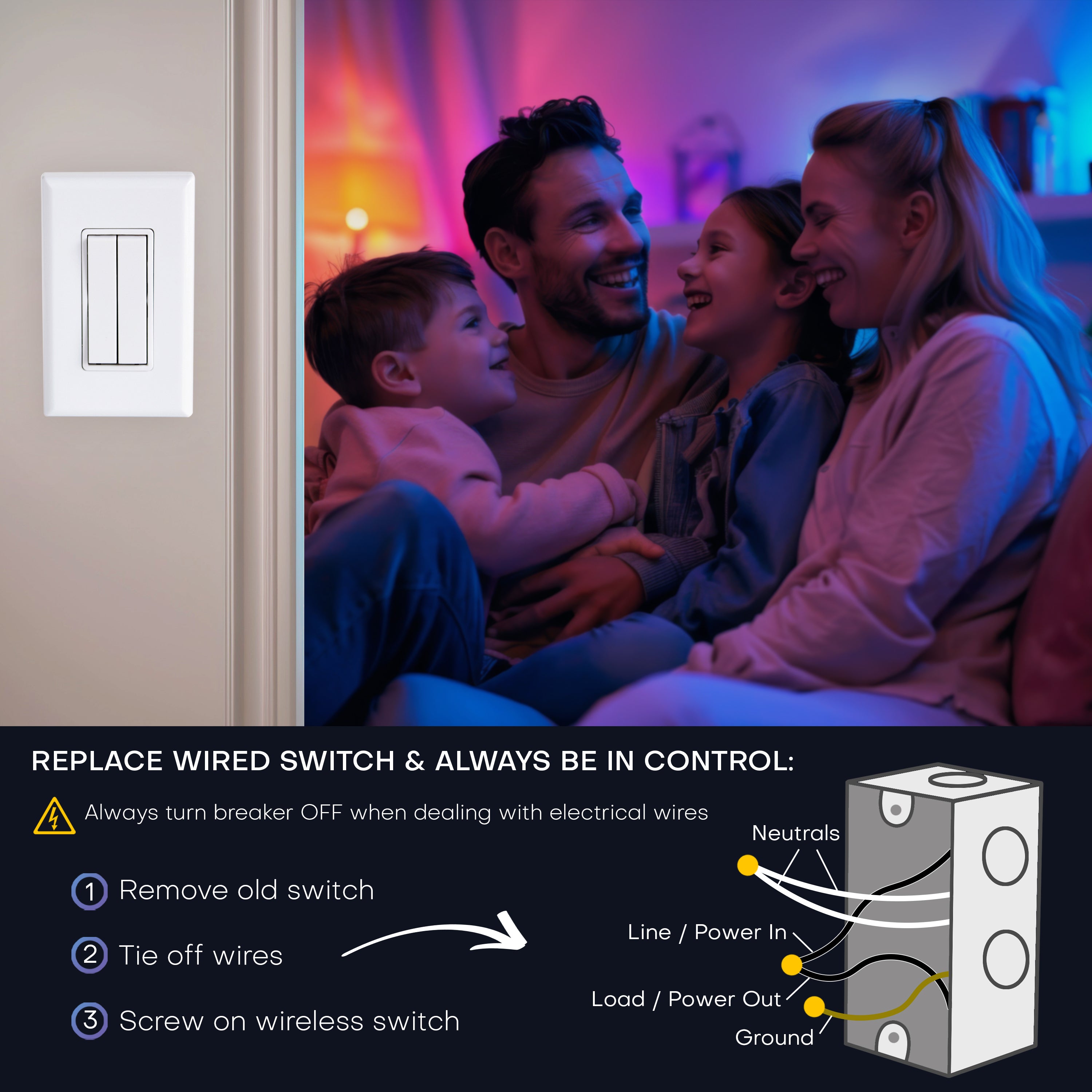 CLICK FOR PHILIPS HUE WIRELESS SMART SWITCH – Battery‑Free, Wire-Free, Self-Powered by Kinetic Energy (Single or Double Rocker)