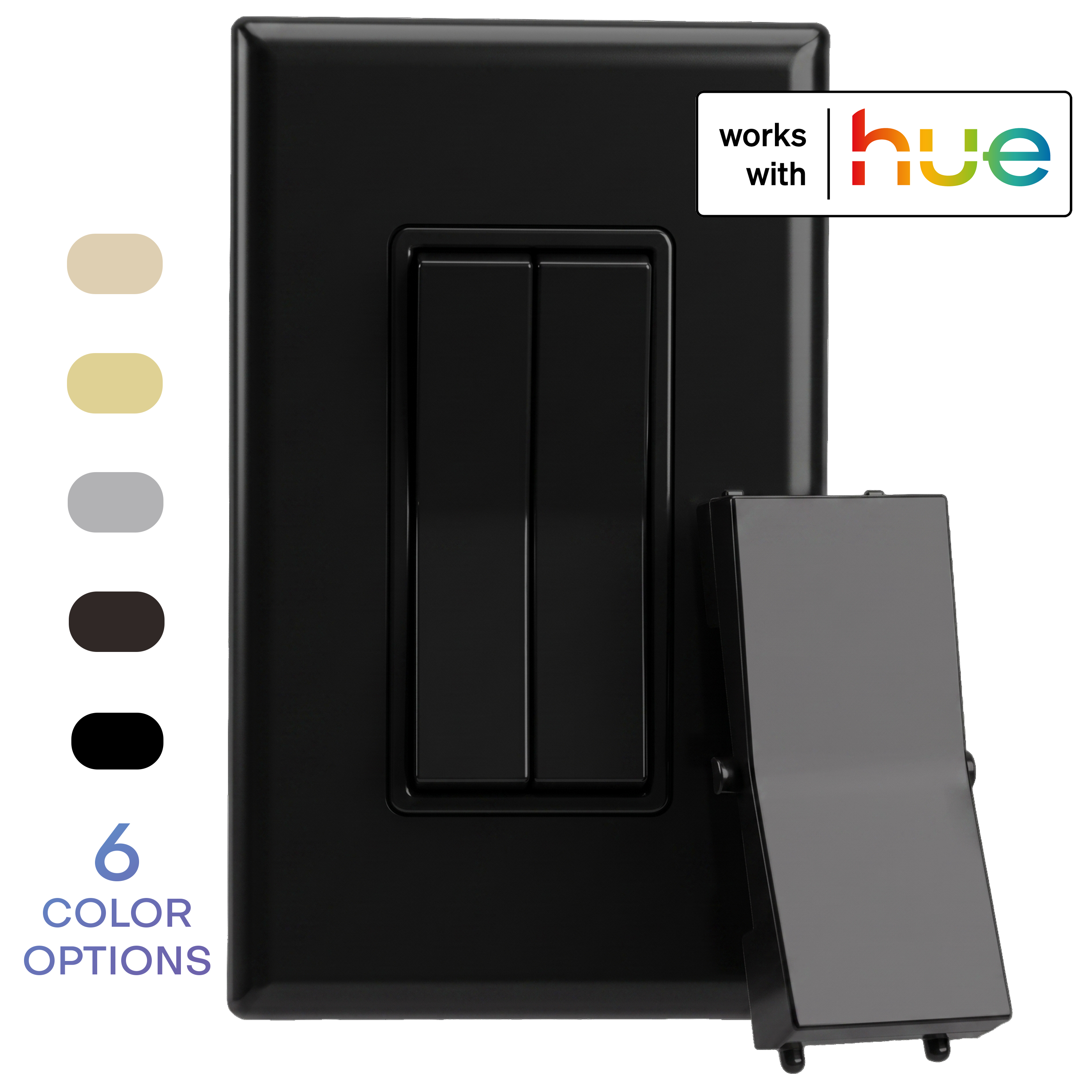 A black wireless and battery-free double-rocker smart light switch with a single rocker plastic (optional for a more traditional look). The image includes a 'works with hue' badge and a vertical list of six color options on the left.