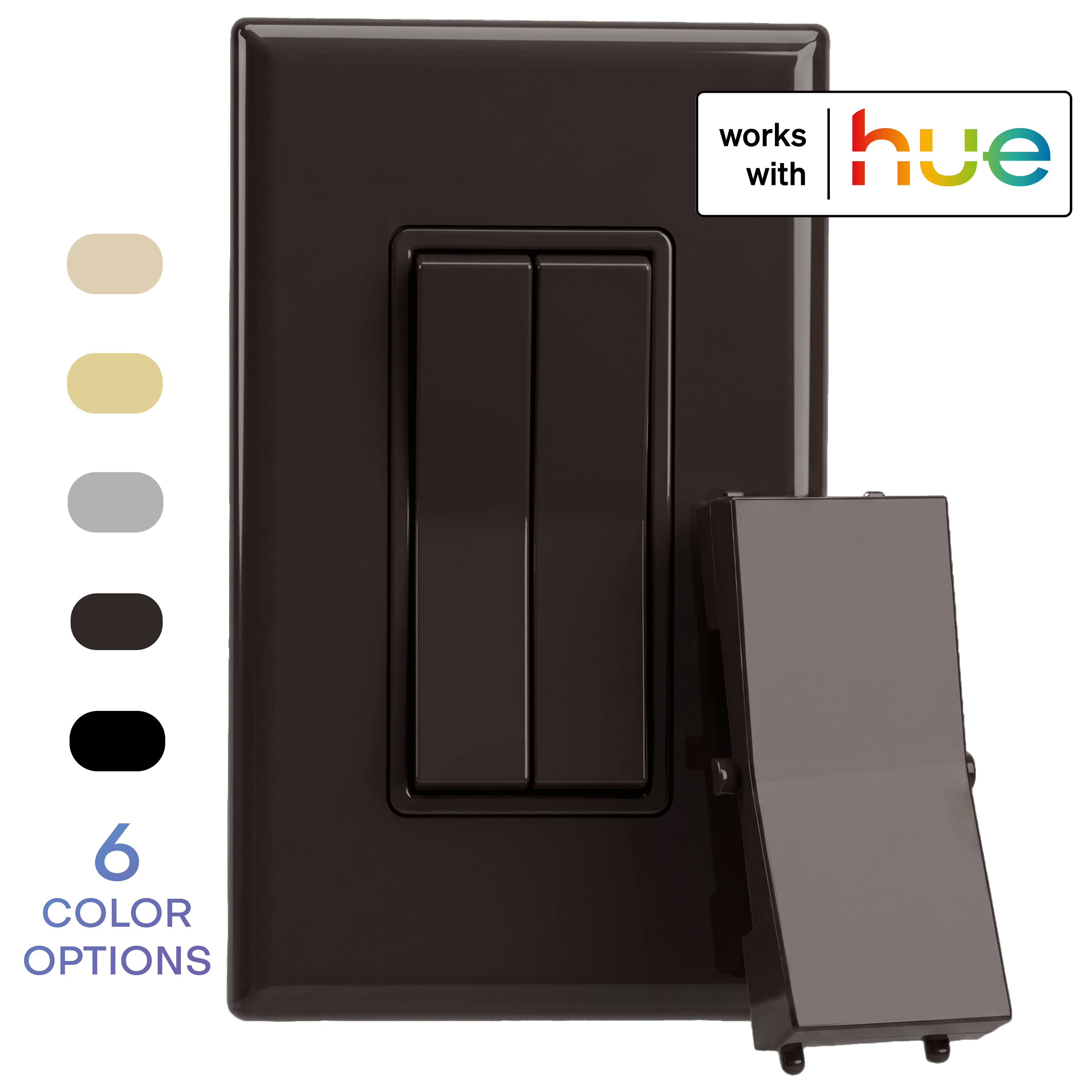 A brown wireless and battery-free double-rocker smart light switch with a single rocker plastic (optional for a more traditional look). The image includes a 'works with hue' badge and a vertical list of six color options on the left.
