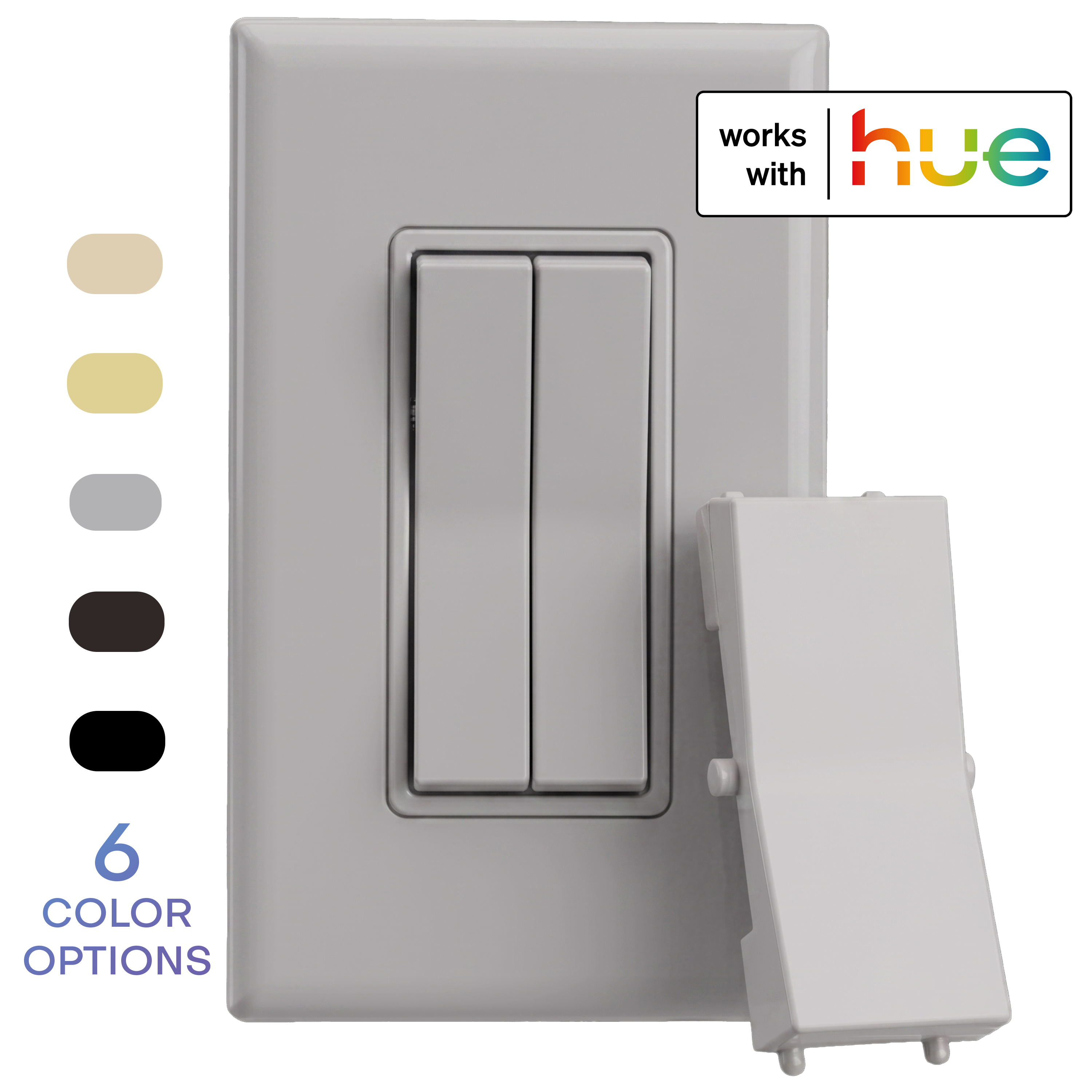 A gray wireless and battery-free double-rocker smart light switch with a single rocker plastic (optional for a more traditional look). The image includes a 'works with hue' badge and a vertical list of six color options on the left.