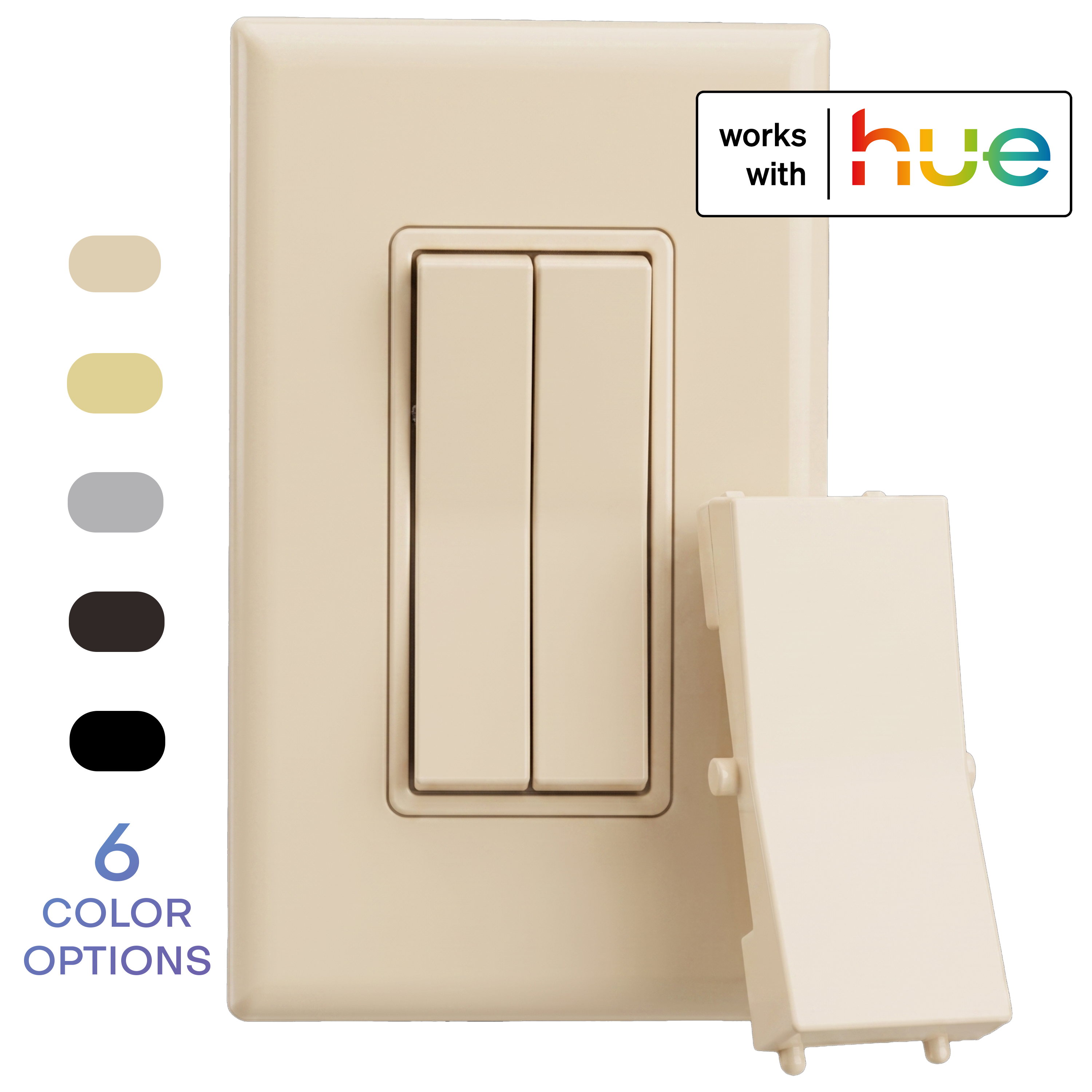 A light almond wireless and battery-free double-rocker smart light switch with a single rocker plastic (optional for a more traditional look). The image includes a 'works with hue' badge and a vertical list of six color options on the left.