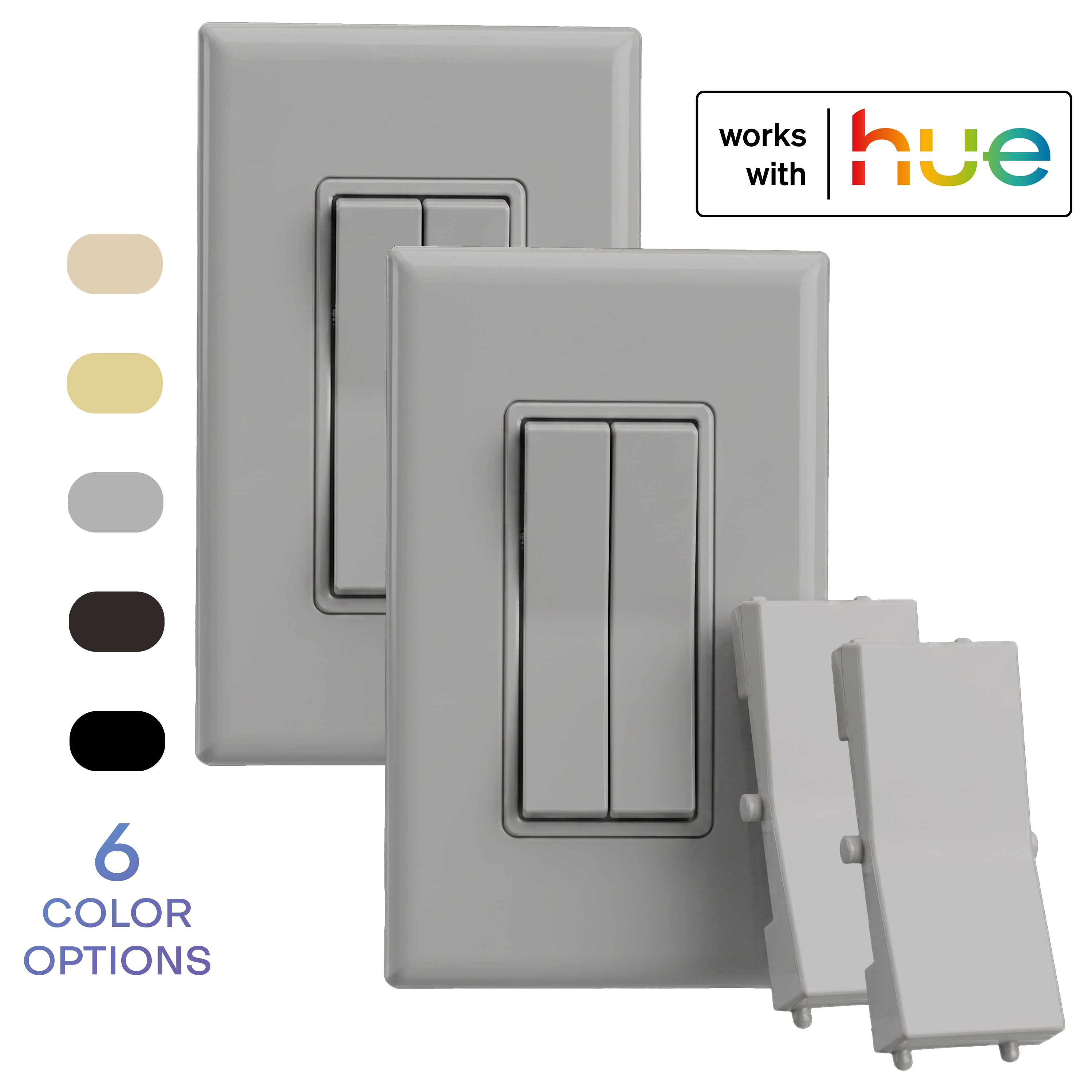 A 2-pack, gray colored wireless and battery-free double-rocker smart light switch with a single rocker plastic (optional for a more traditional look). The image includes a 'works with hue' badge and a vertical list of six color options on the left.