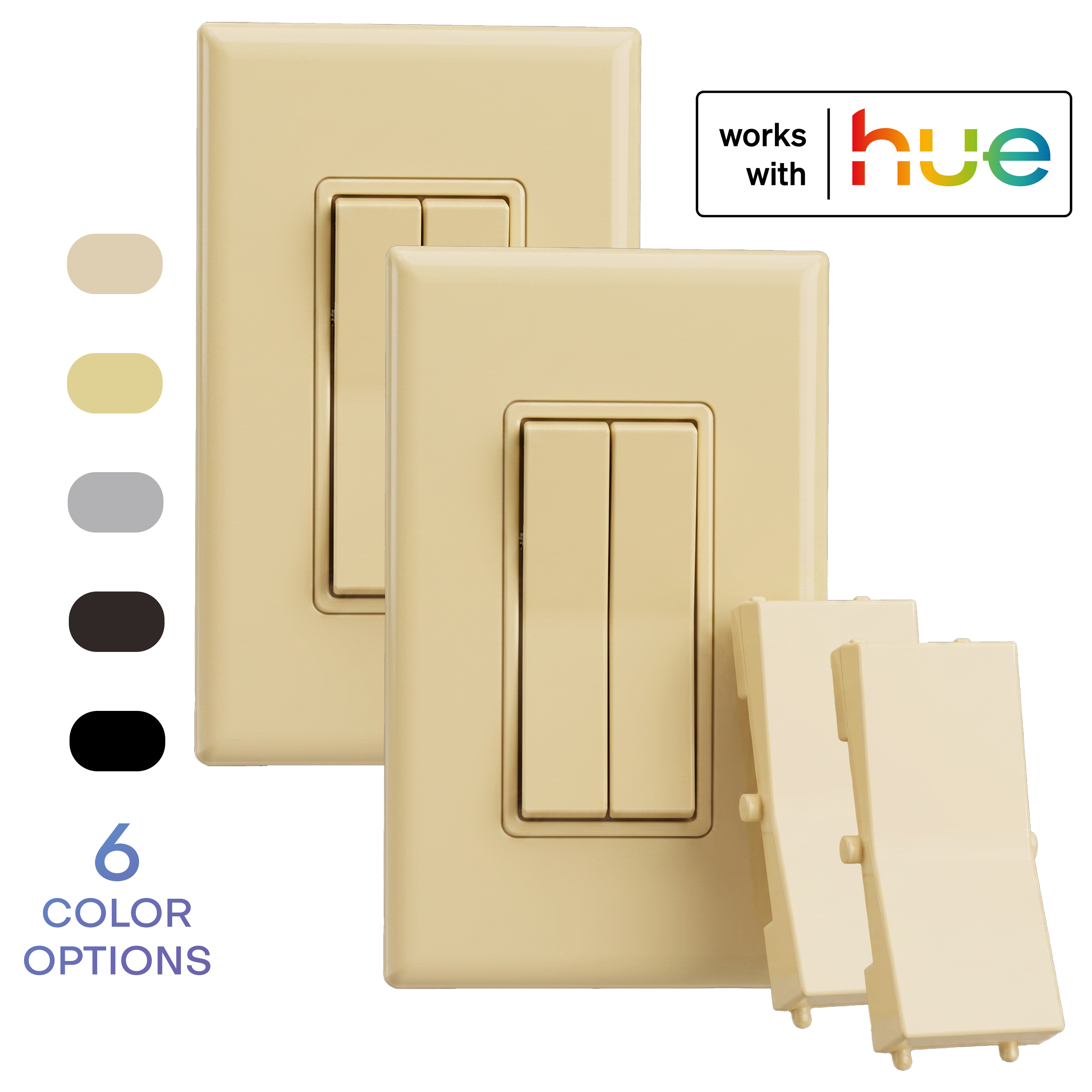 A 2-pack, ivory colored wireless and battery-free double-rocker smart light switch with a single rocker plastic (optional for a more traditional look). The image includes a 'works with hue' badge and a vertical list of six color options on the left.