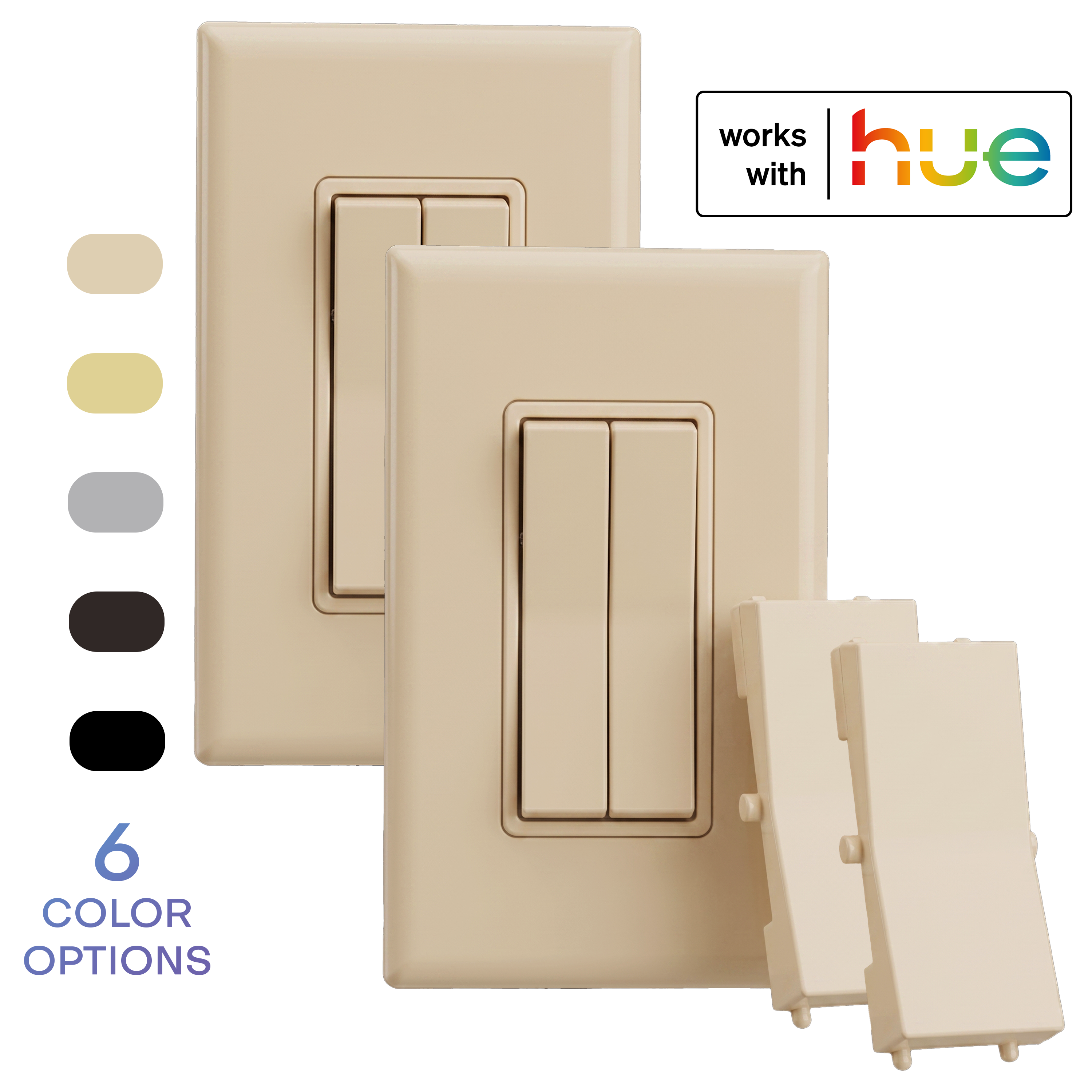 A 2-pack, light almond colored wireless and battery-free double-rocker smart light switch with a single rocker plastic (optional for a more traditional look). The image includes a 'works with hue' badge and a vertical list of six color options on the left.