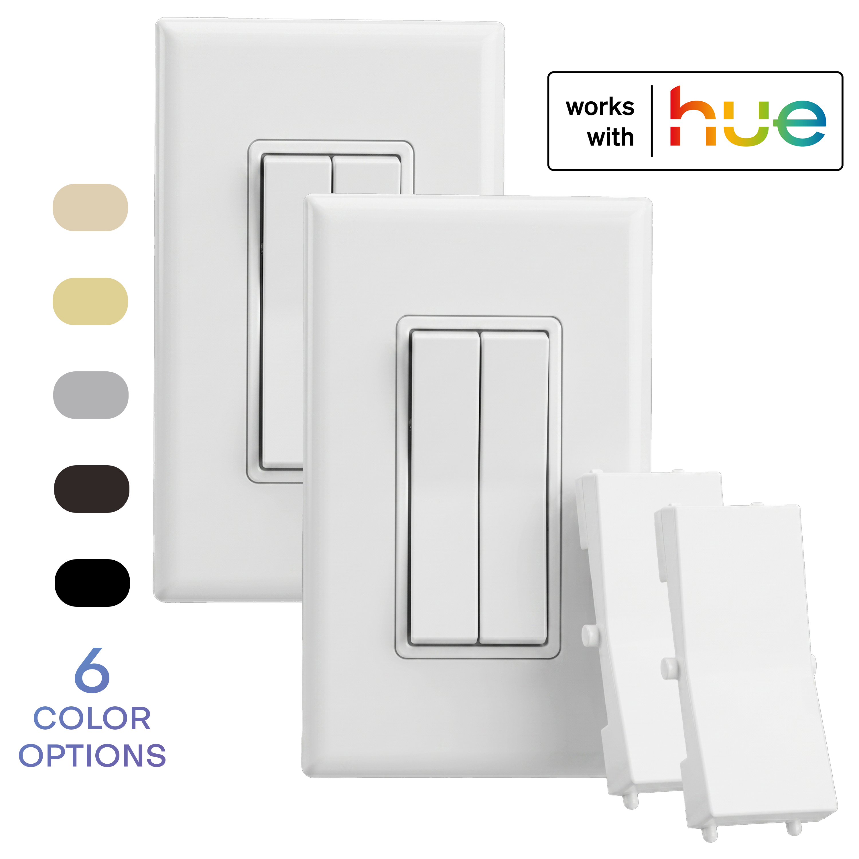 A 2-pack, white colored wireless and battery-free double-rocker smart light switch with a single rocker plastic (optional for a more traditional look). The image includes a 'works with hue' badge and a vertical list of six color options on the left.