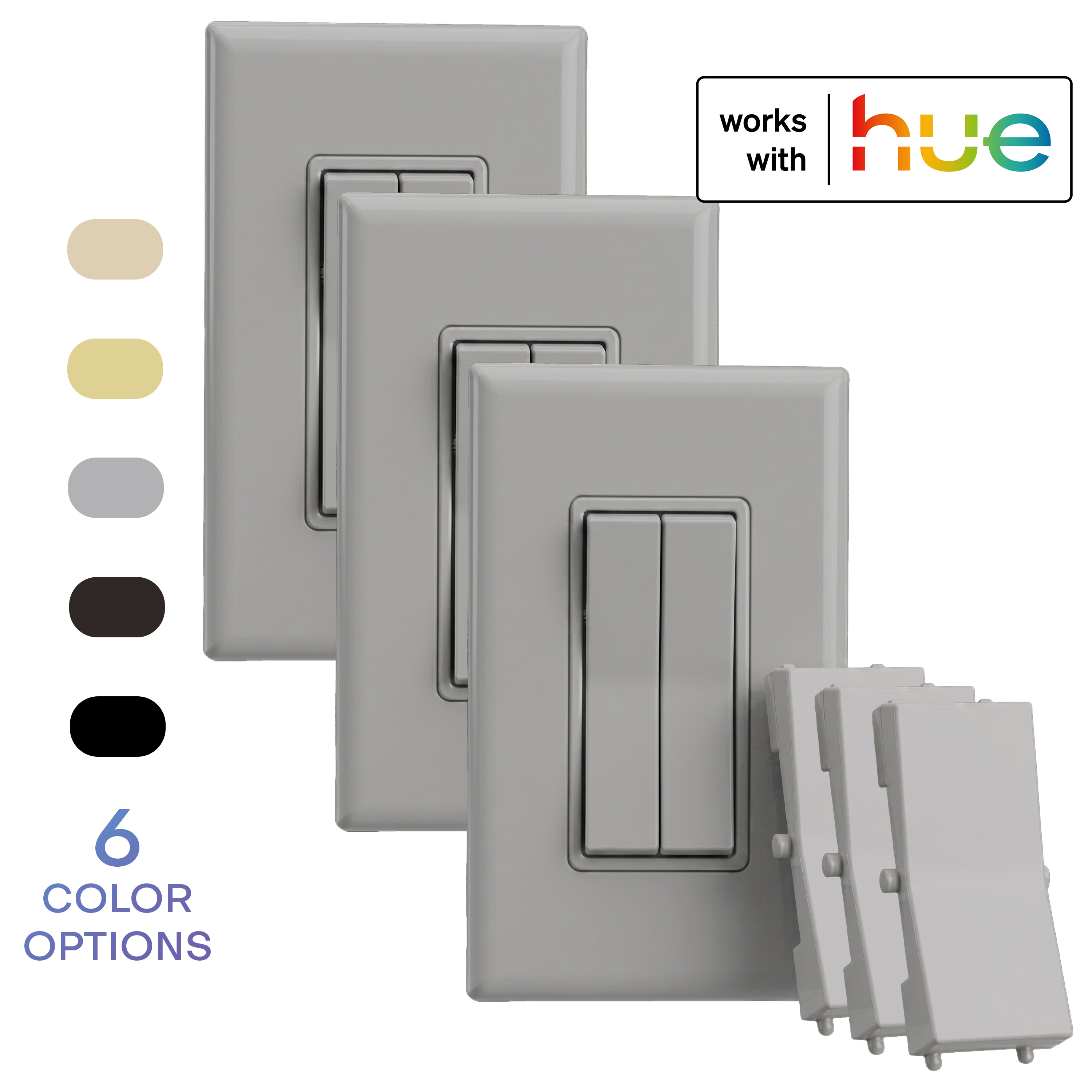 A 3-pack, gray colored wireless and battery-free double-rocker smart light switch with a single rocker plastic (optional for a more traditional look). The image includes a 'works with hue' badge and a vertical list of six color options on the left.