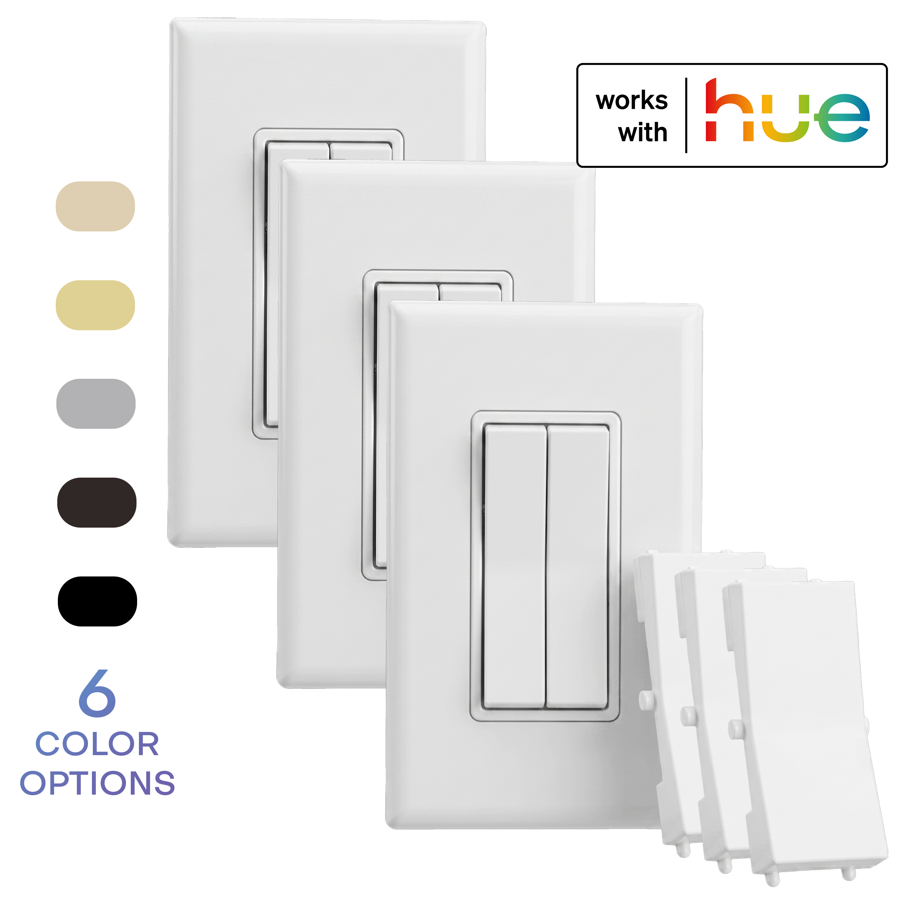 A 3-pack, white colored wireless and battery-free double-rocker smart light switch with a single rocker plastic (optional for a more traditional look). The image includes a 'works with hue' badge and a vertical list of six color options on the left.