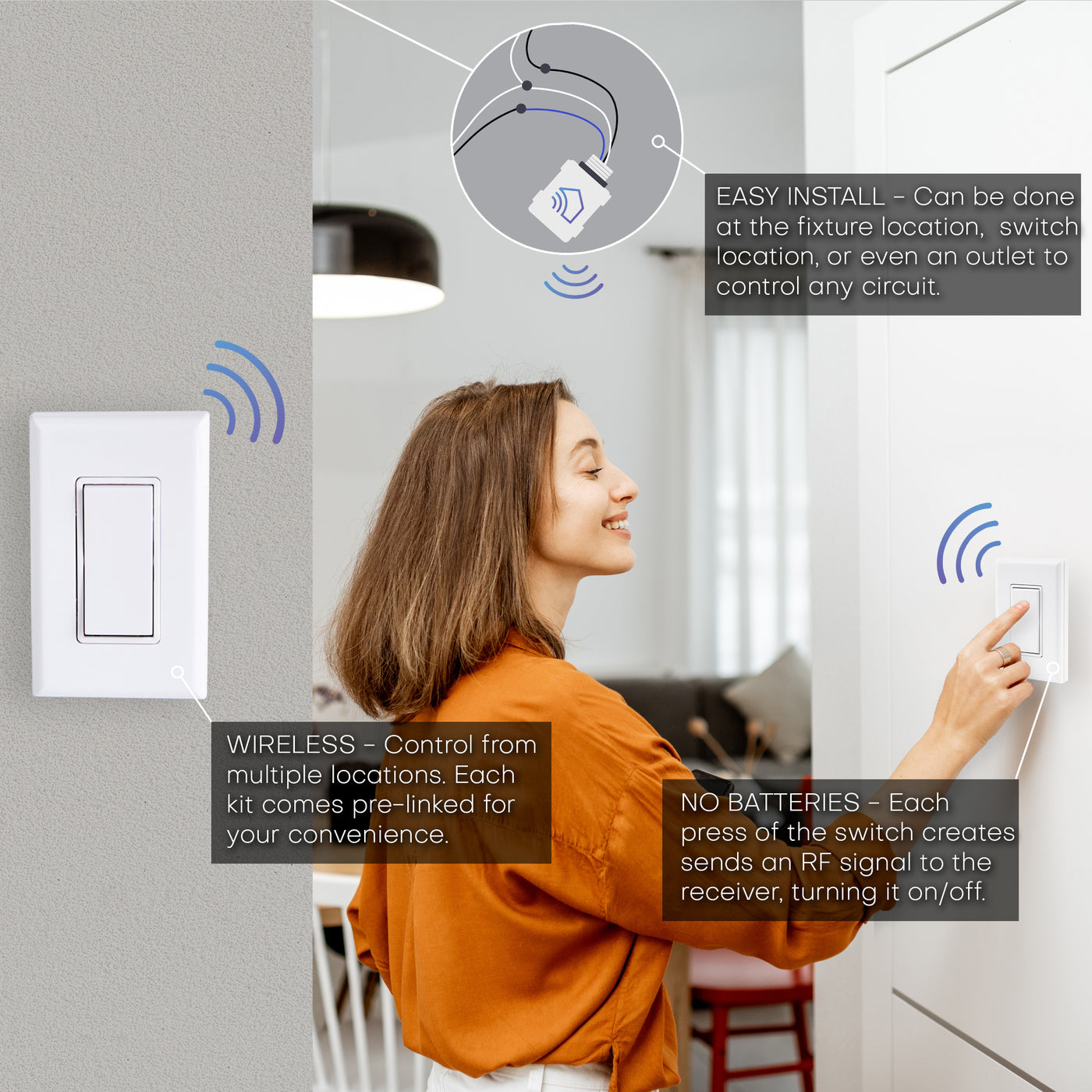3-Way Wireless Switch Kit – 1 Receiver, 2 Switches