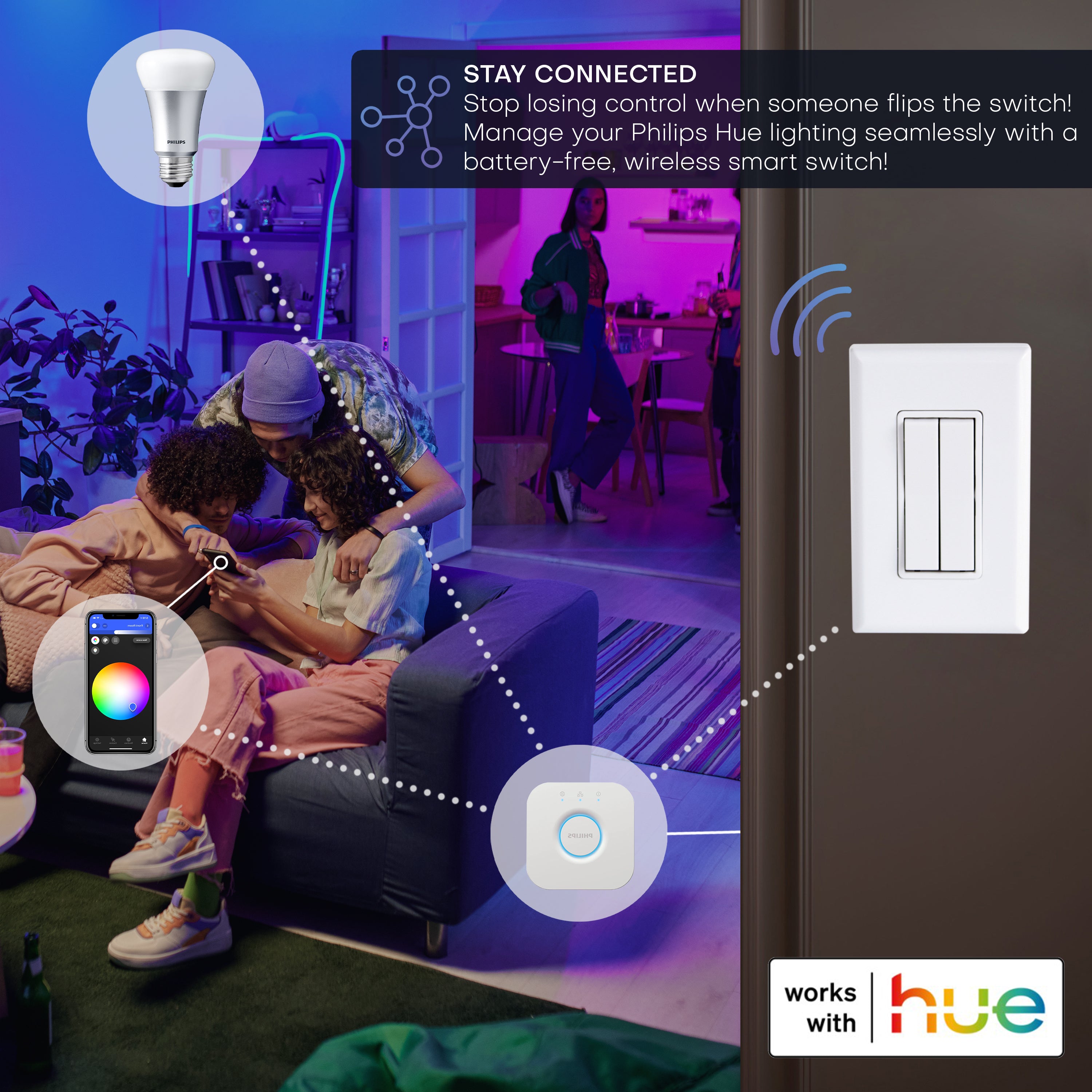 CLICK FOR PHILIPS HUE WIRELESS SMART SWITCH – Battery‑Free, Wire-Free, Self-Powered by Kinetic Energy (Single or Double Rocker)