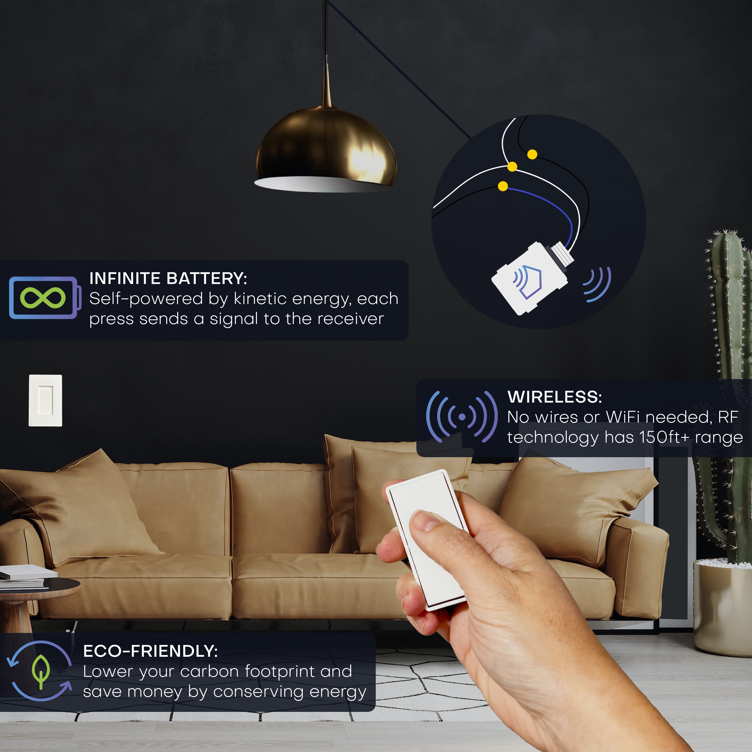 WIRELESS DETACHABLE REMOTE LIGHT SWITCH KIT – Battery‑Free, Wireless Self‑Powered Remote Switch (1 Receiver + 1 Switch)